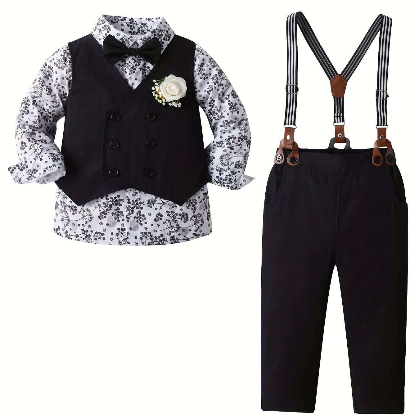 

Boys 3-piece Fashion Suit Set, Printed Long Sleeve Shirt With Bowtie, Black Vest, And Suspenders Pants, Floral Gentleman Outfit With Lapel Pin For Party Banquet