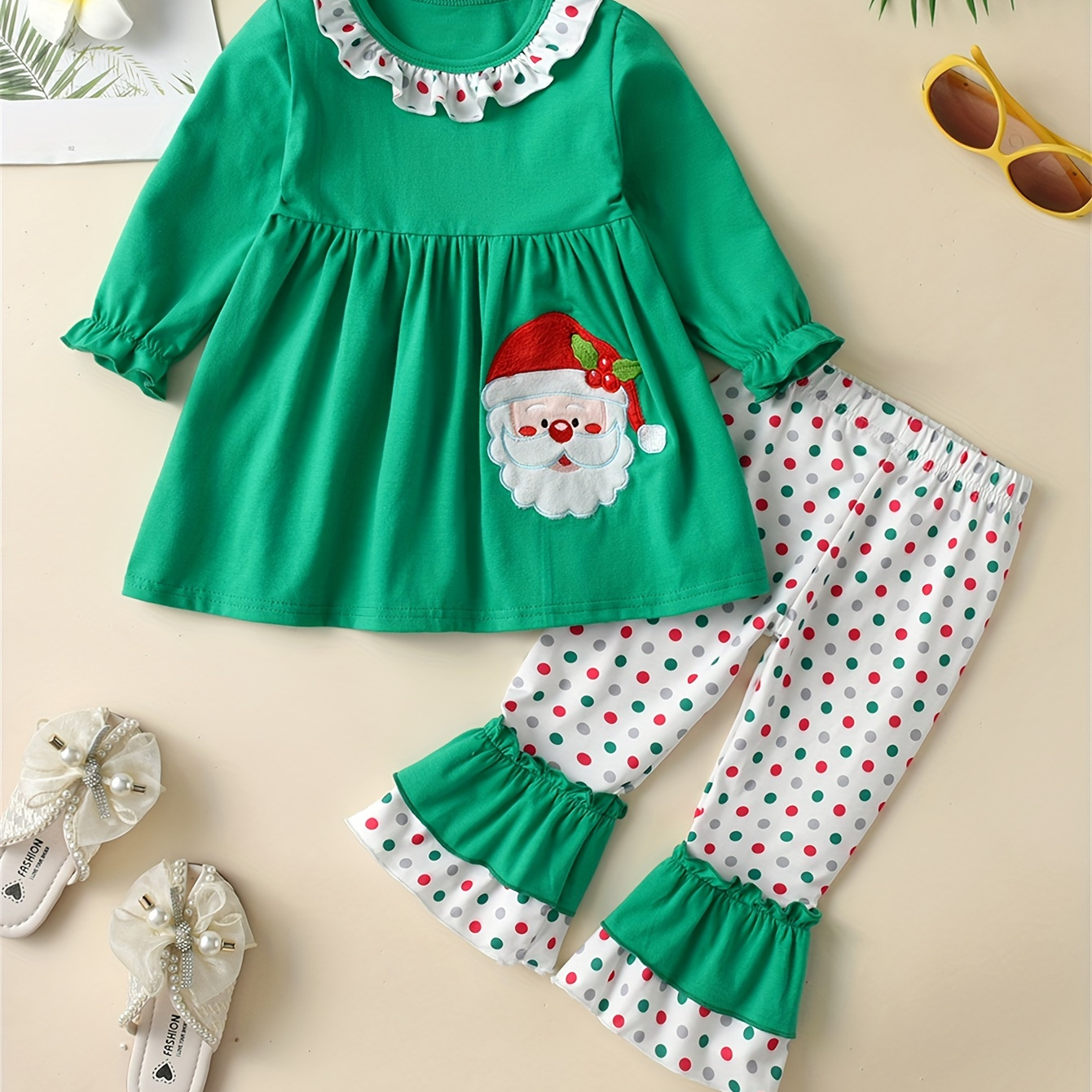 

2pcs Girl's Santa Patched Outfit, Peplum Top & Polka Dots Pattern Flared Pants Set, Toddler Kid's Clothes For Spring Fall