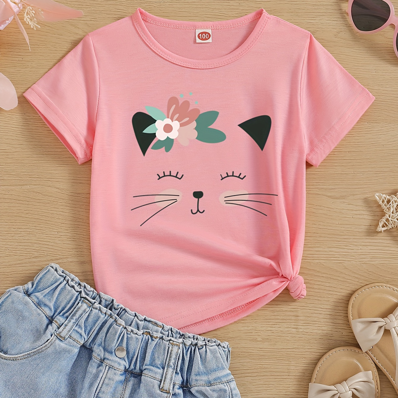 

Casual Kitty Pattern Short Sleeve T-shirt Girls Comfy Tees Summer Clothes Gift