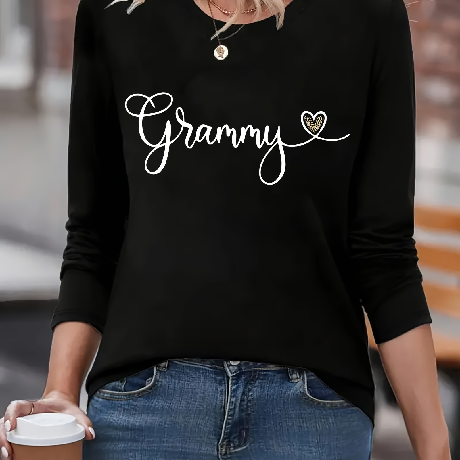 

Women's Casual Long Sleeve Crew Neck T-shirt With 'grammy' Print, Polyester And Spandex , Comfortable Loose Fit, Knit Fabric, Medium Stretch, Season Top