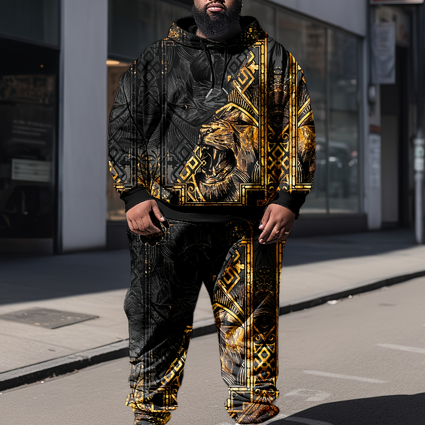 

2pcs Plus Size Men's Sporty Casual Tracksuit, Lion Theme Print Hoodie And Sports Pants Set, Big & Tall Guys