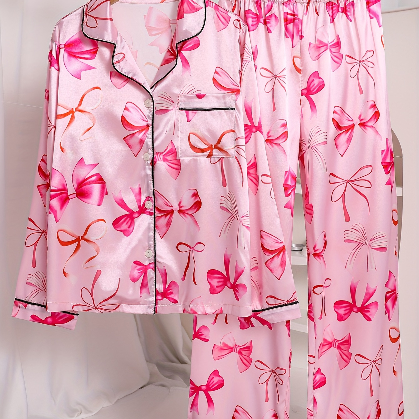 

Women's Pajama Set With Bow Print, Open Shirt, Button, Turned Collar, Long Sleeve + Long Pants