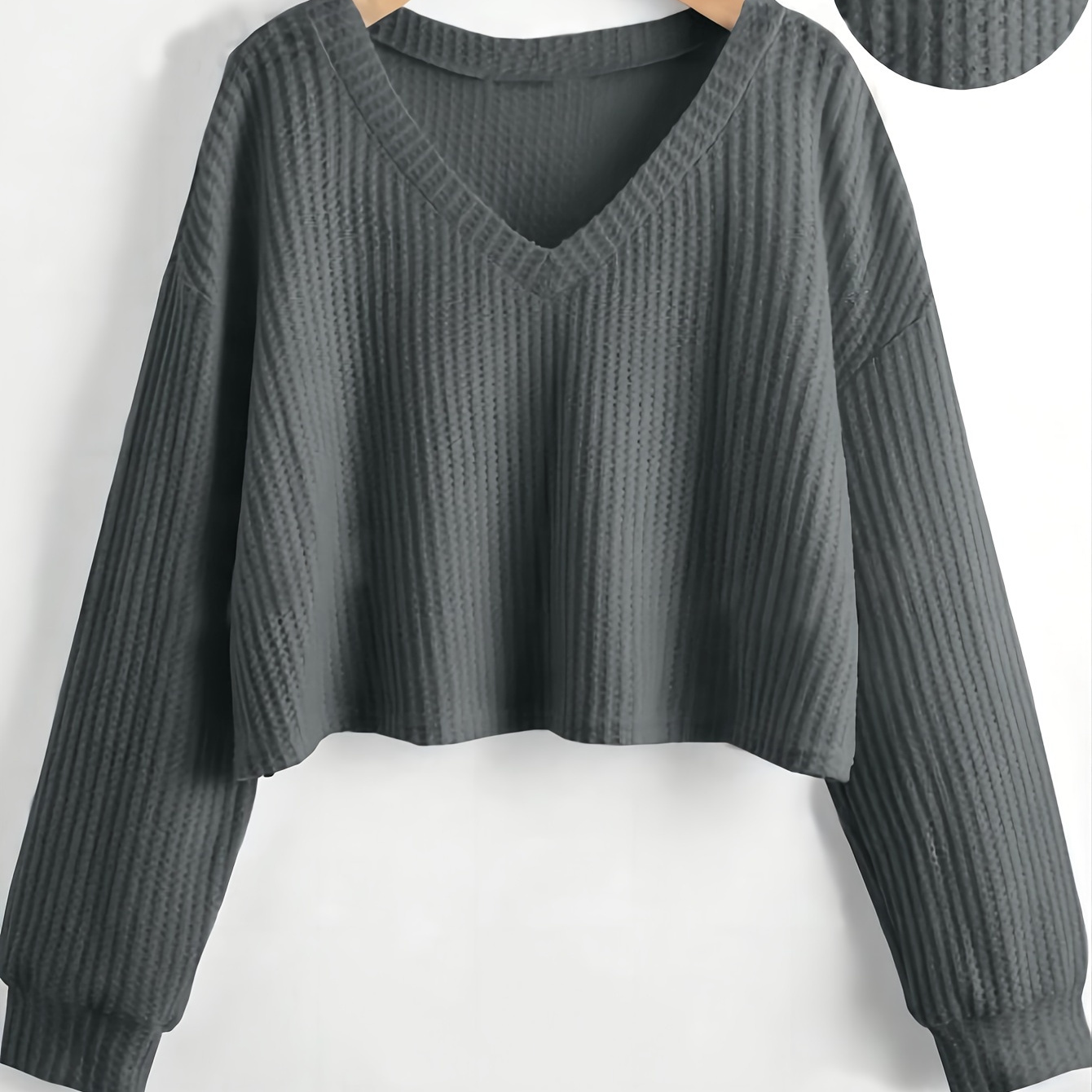 

V Neck Crop Ribbed T-shirt, Casual Long Sleeve Drop Shoulder Top For Spring & Fall, Women's Clothing