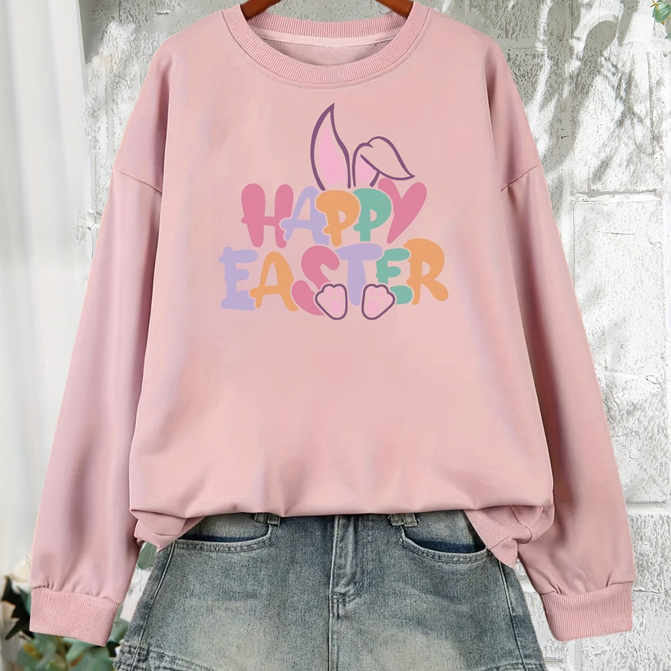 

Plus Size Happy Easter Print Sweatshirt, Crew Neck Casual Sweatshirt For Fall & Spring, Women's Plus Size Clothing