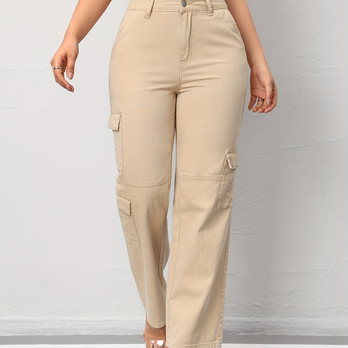 

Women's Casual Denim Cargo Pants With Pockets, Beige Full-length Straight-leg Jeans For Everyday Wear