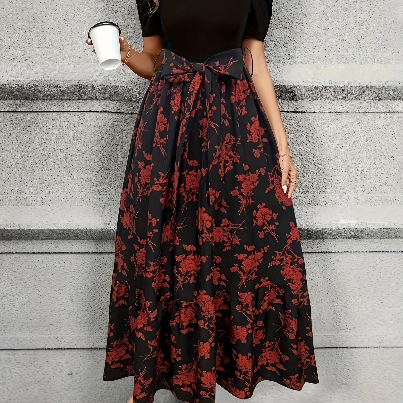 

Print Dress With Puff Sleeves And Belt - Crew Neck, Polyester, Machine Washable - Chic Women', Plus Size Elegant Dress