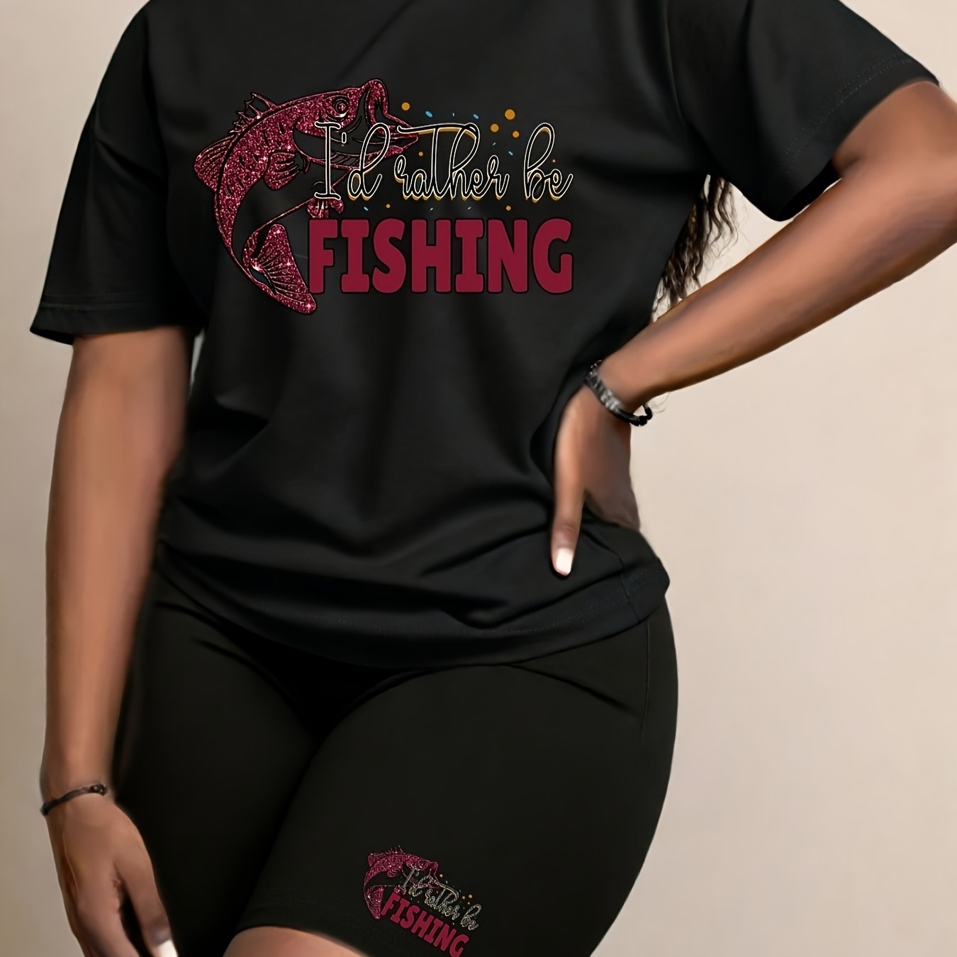 

Fishing Print Matching Two-piece Set, Casual Short Sleeve T-shirt & Biker Shorts Outfits, Women's Clothing