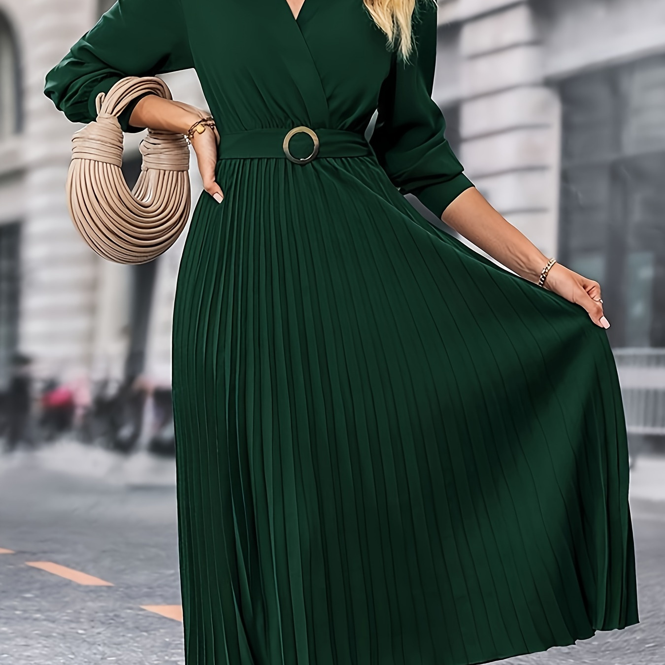 

Roll-neck Shirt Pleated Long-sleeved Dress Women's Mid-calf Length