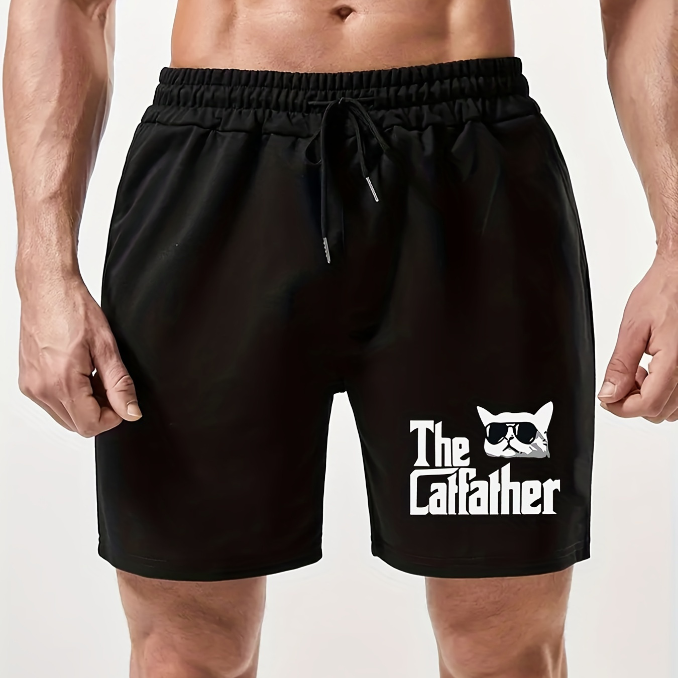 

Men's Letter The Cat Father Print Loose Drawstring Shorts, Active Stretchy Breathable Moisture Wicking Shorts For Sport Gym Training Running Workout Outdoor