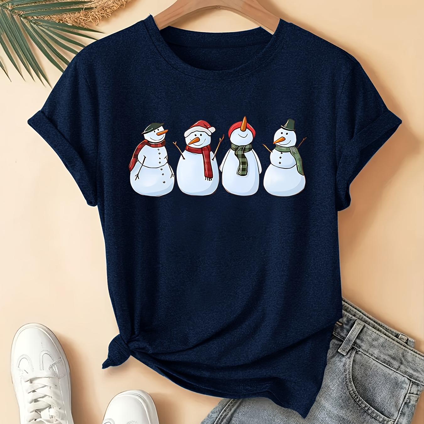 

Women's Short Sleeve Christmas Snowman Cartoon Print T-shirt, Casual Crew Neck, Knit Fabric Tee With Medium Stretch - Seasonal Graphic Top
