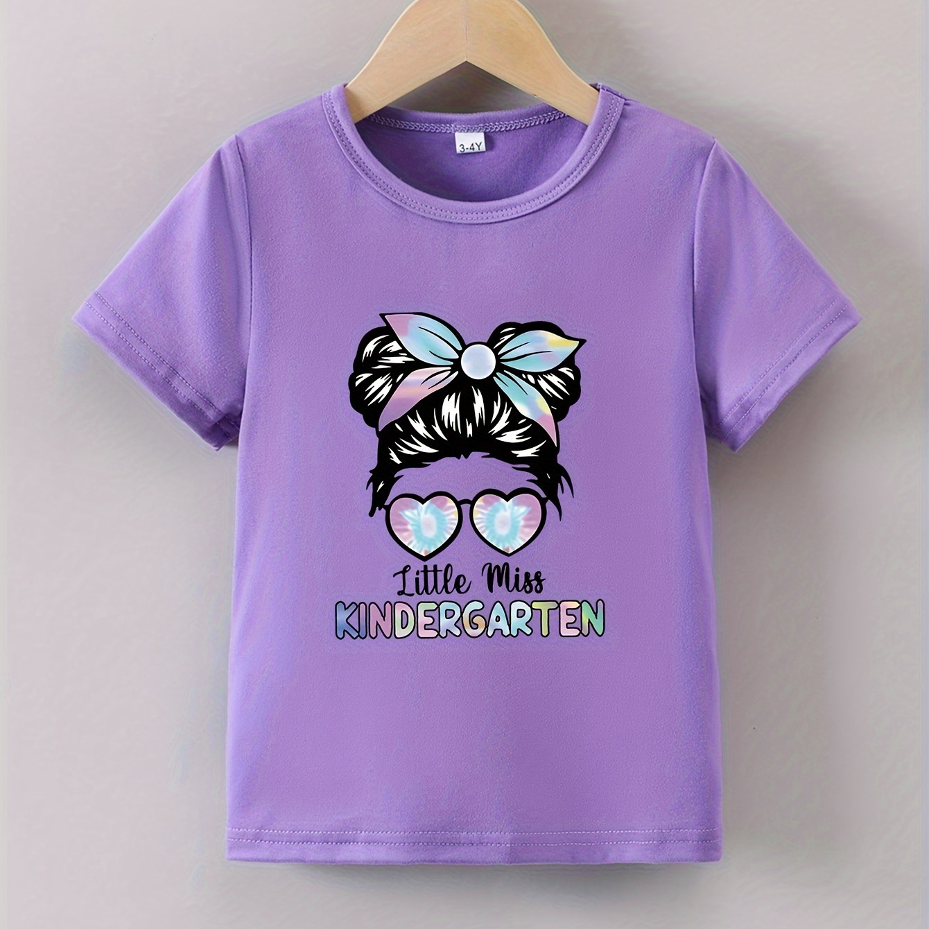 

Little Miss Kindergarten & Cartoon Girl With Sunglasses Graphic Print, Girls' Casual Comfy Crew Neck Short Sleeve Tee For Spring And Summer, Girls' Clothes For Outdoor Activities