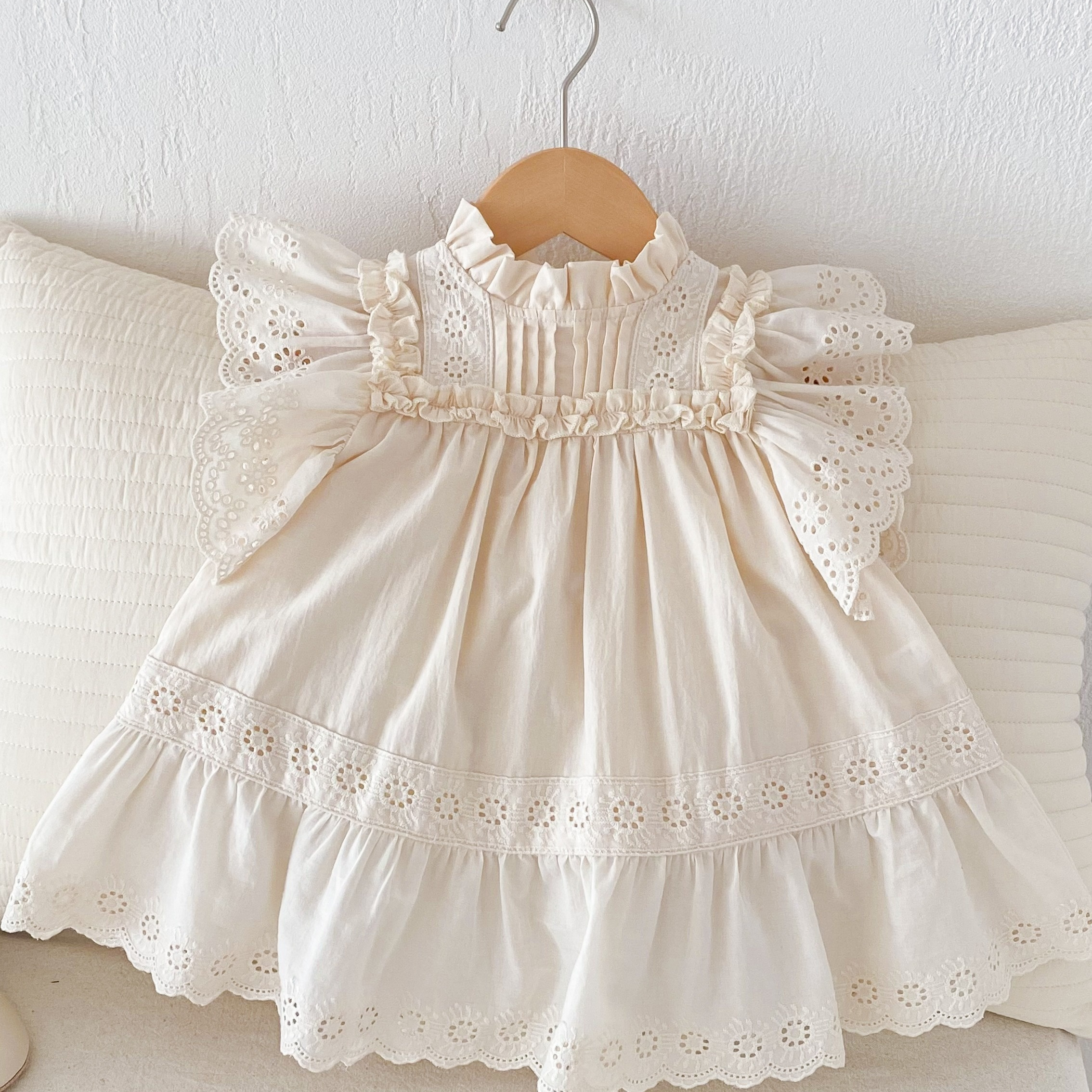 

Baby's Elegant Eyelet Embroidered Cap Sleeve Dress, Mock Neck Comfy Cotton Dress, Infant & Toddler Girl's Clothing For Summer/spring, As Gift