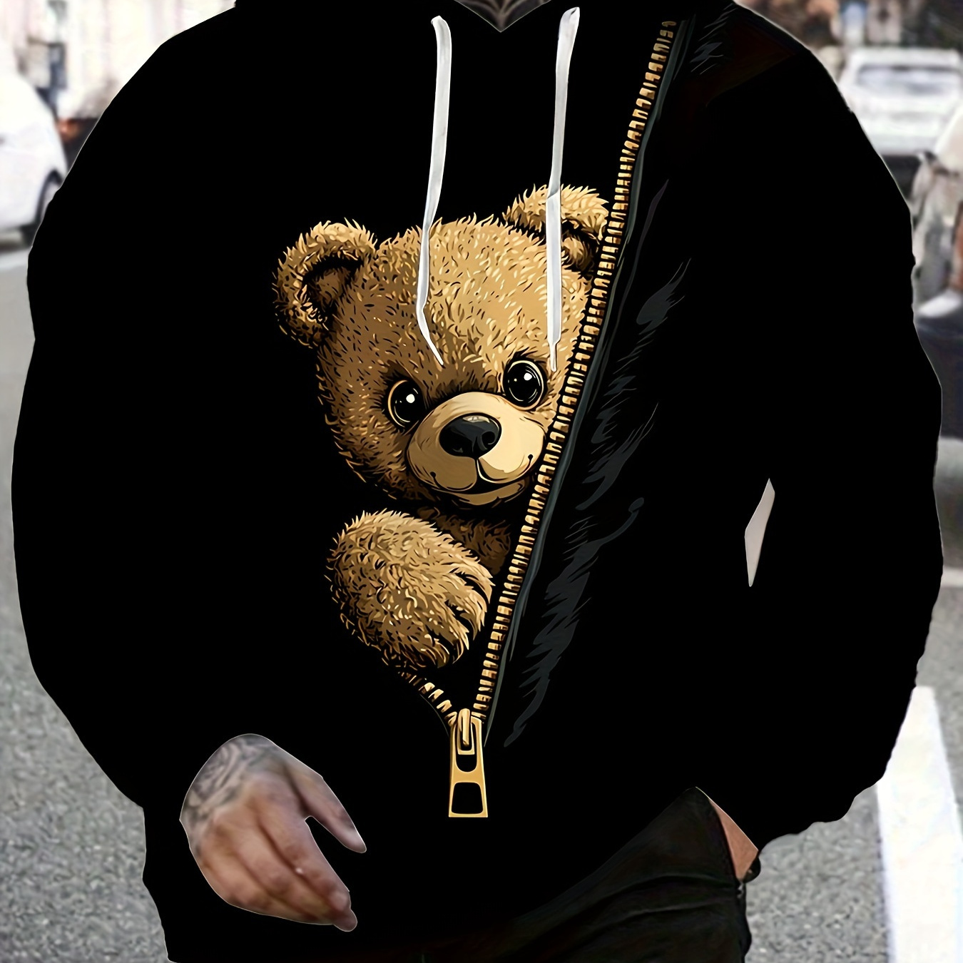 

Men's Casual Hooded Sweatshirt With 3d Bear Zipper Print, 100% Polyester Knit Fabric, Slight Stretch, Regular Fit, Fall/winter Pullover - Ideal Gift For Men