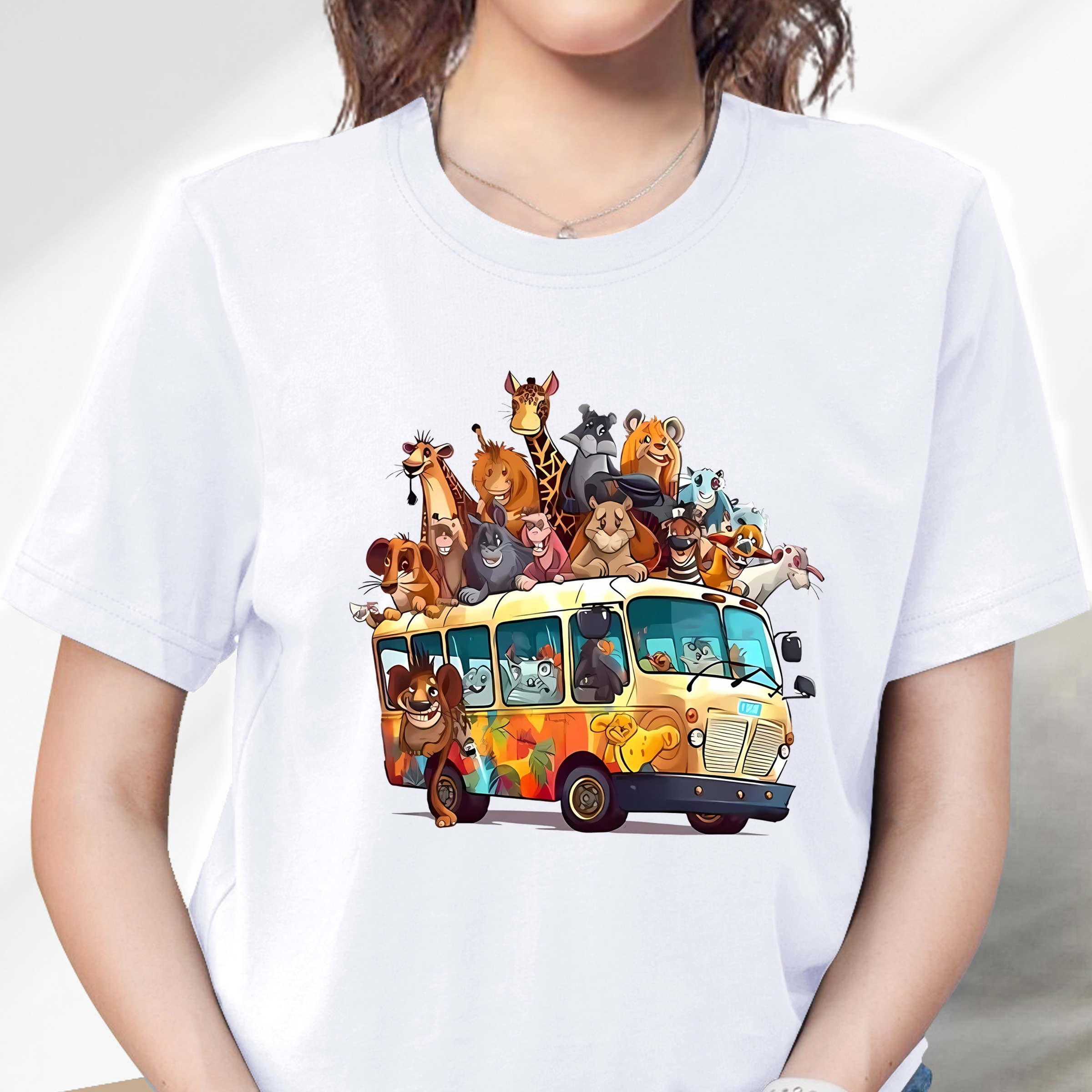 

Colorful Animal Bus Print Round Neck T-shirt, Fashion Casual Stretch Short Sleeve Sport T-shirt, Women's Clothing