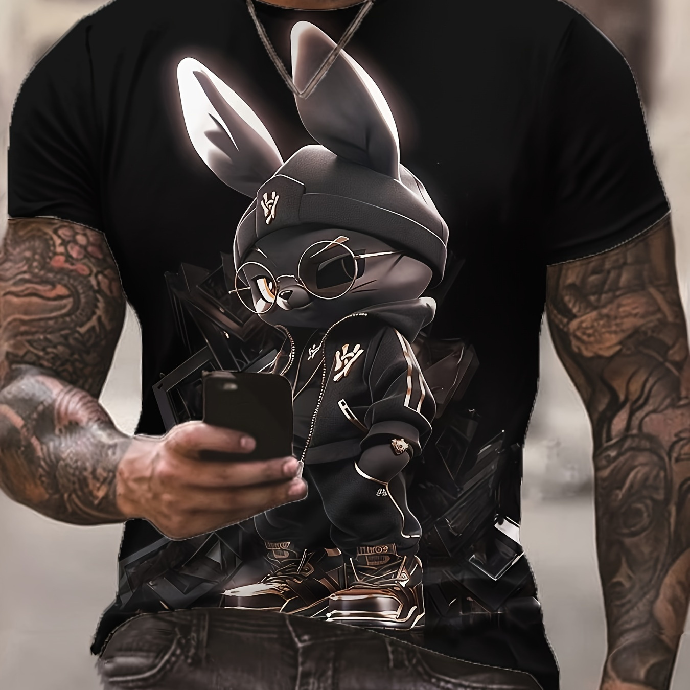 

Men's 3d Cool Rabbit Print T-shirt, Casual Crew Neck Short Sleeve Top, 100% Polyester Knit Fabric, Slight Stretch, Regular Fit, Summer Streetwear - 180gsm