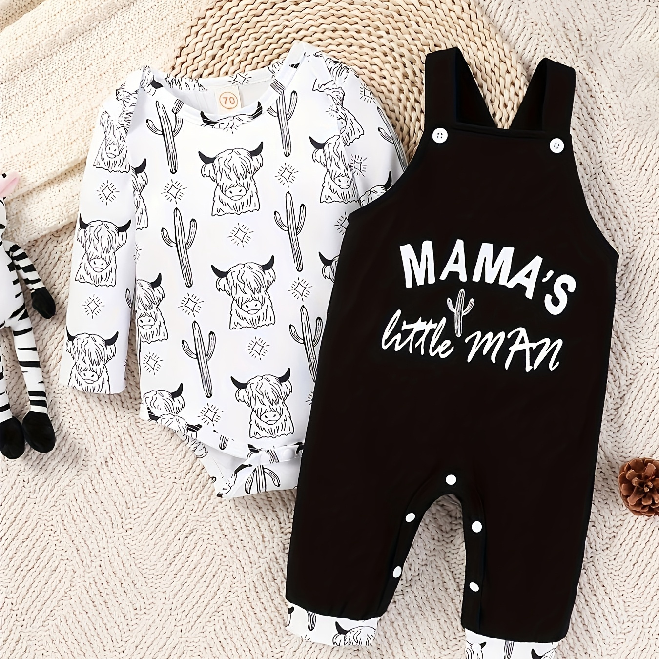 

3pcs Of Autumn Boy's Printed Long Sleeved Sweater+shoulder Strap Pants With Letter