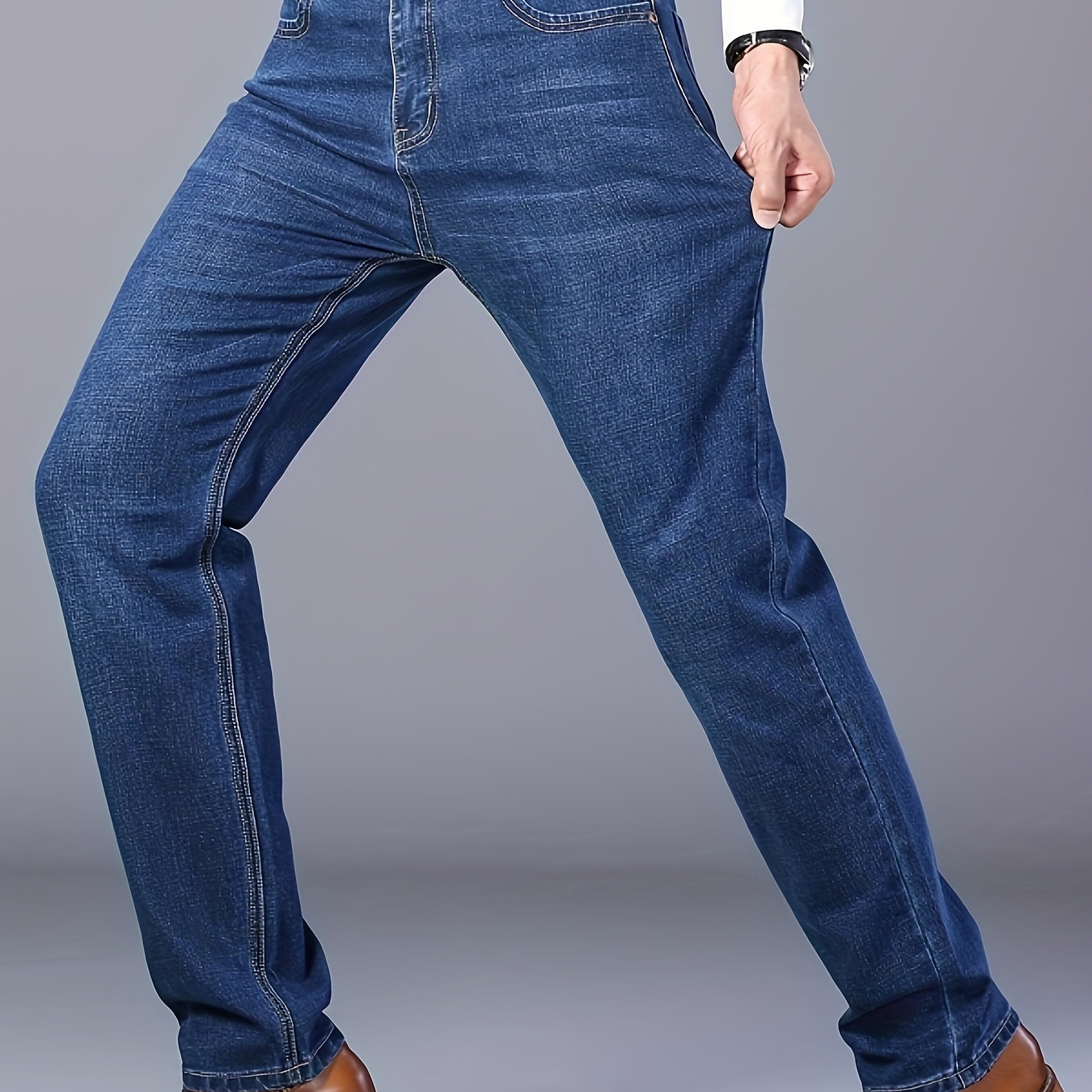 

Men's Solid Denim Trousers With Pockets, Causal Cotton Blend Jeans For Outdoor Activities