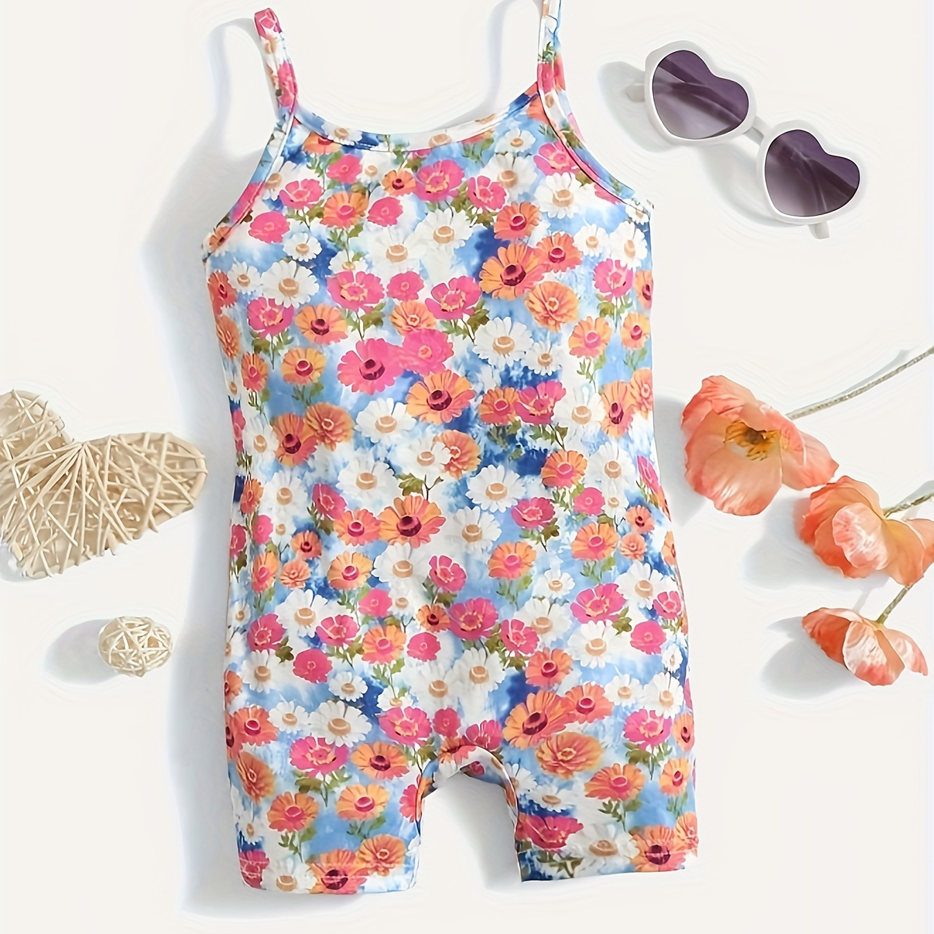 

Baby's Colorful Flower Full Print Bodysuit, Casual Sleeveless Romper, Toddler & Infant Girl's Onesie For Summer, As Gift
