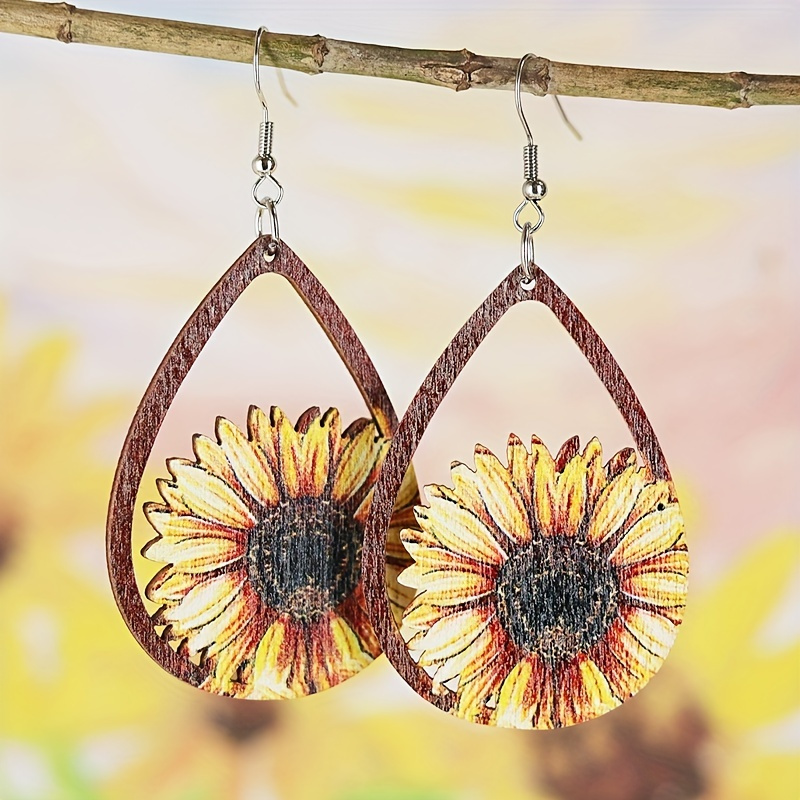 

Western Cowboy Distressed Style Hollow Sunflower Wooden Earrings For Women Girls Party Jewelry