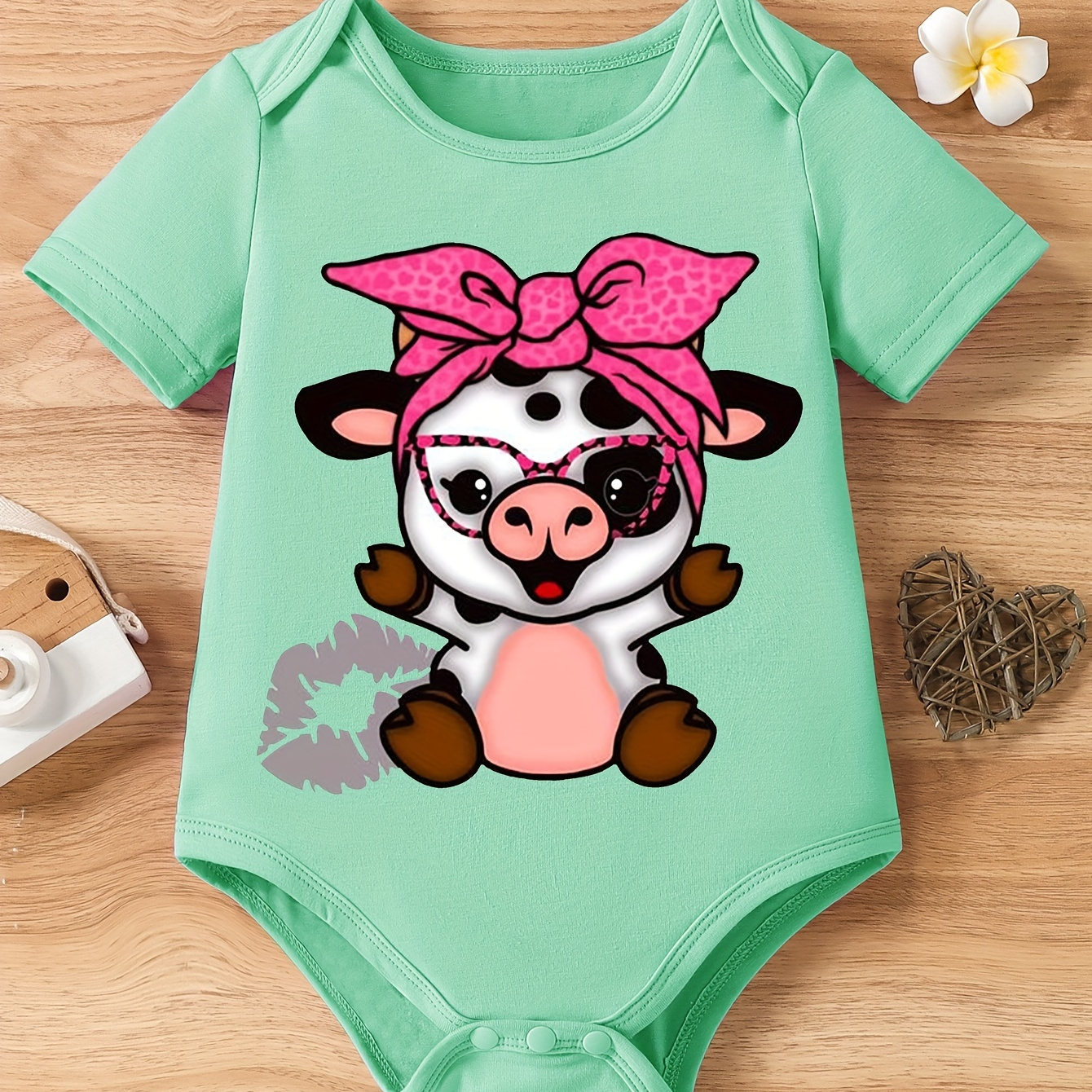 

Cartoon Cow Graphic Print Baby Girls' Casual Short Sleeve Triangle Jumpsuit, Comfortable Knitted Fabric Slight Stretch Summer Clothes Bodysuit