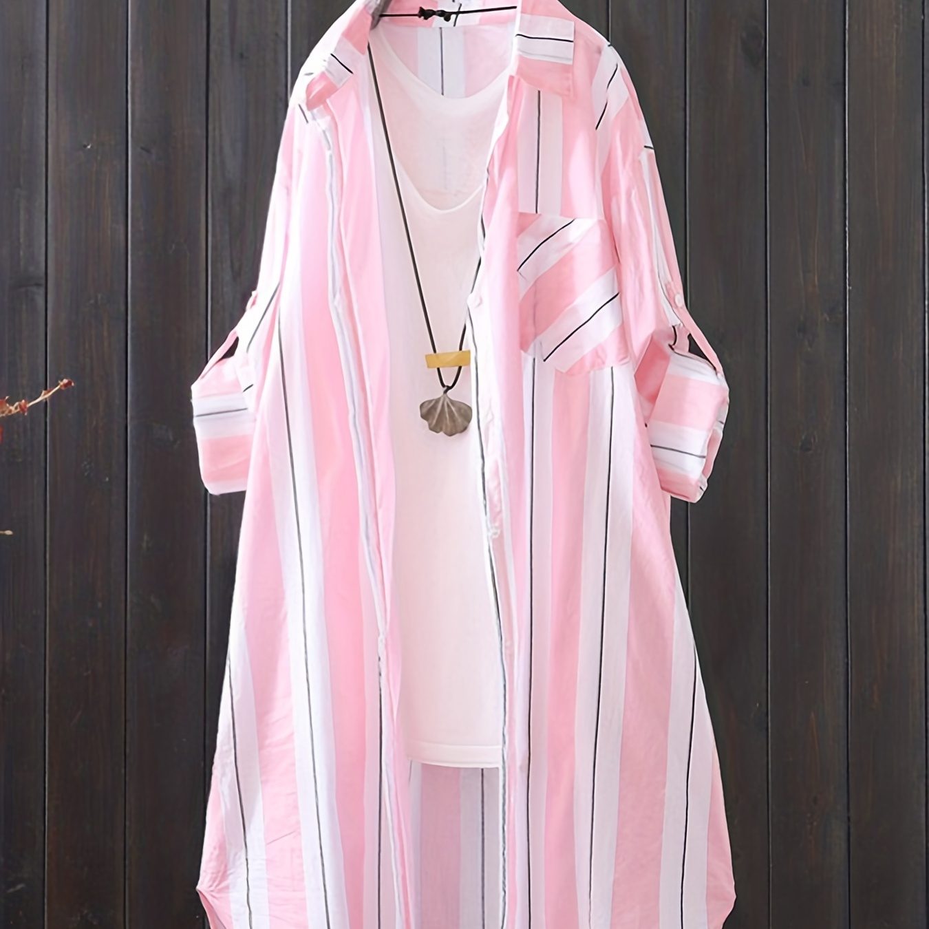 

Plus Size Casual Dress, Women's Plus Striped Long Sleeve Lapel Collar Button Up Shirt Dress