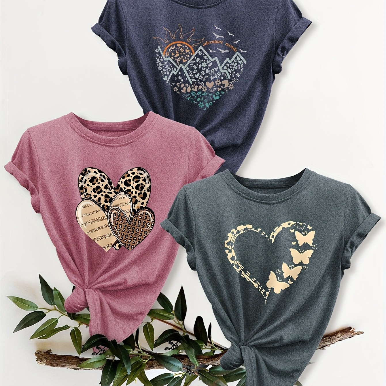 

3pcs Fashion Leopard Hearts Print Sports T-shirt, Fashion Short Sleeve Round Neck Casual Top, Women's Activewear