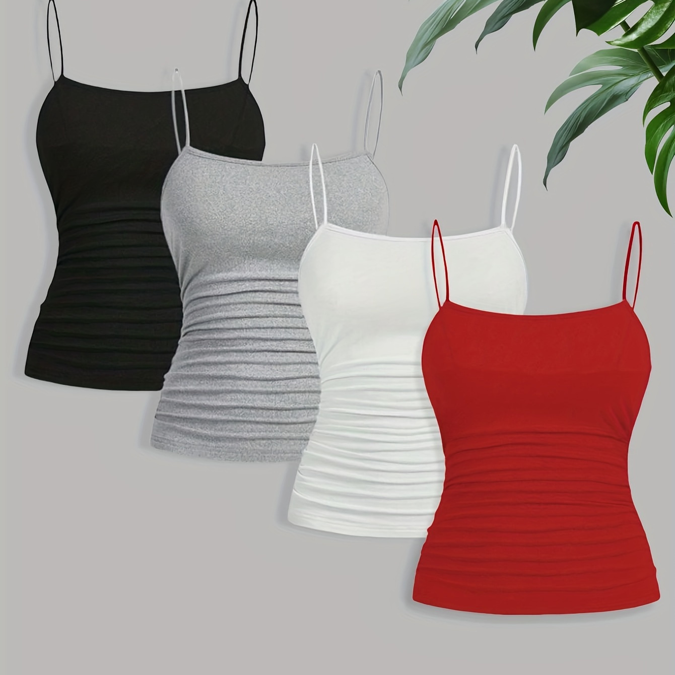 

4 Pack Ruched Solid Color Cami Top, Versatile Spaghetti Strap Top For Summer, Women's Clothing