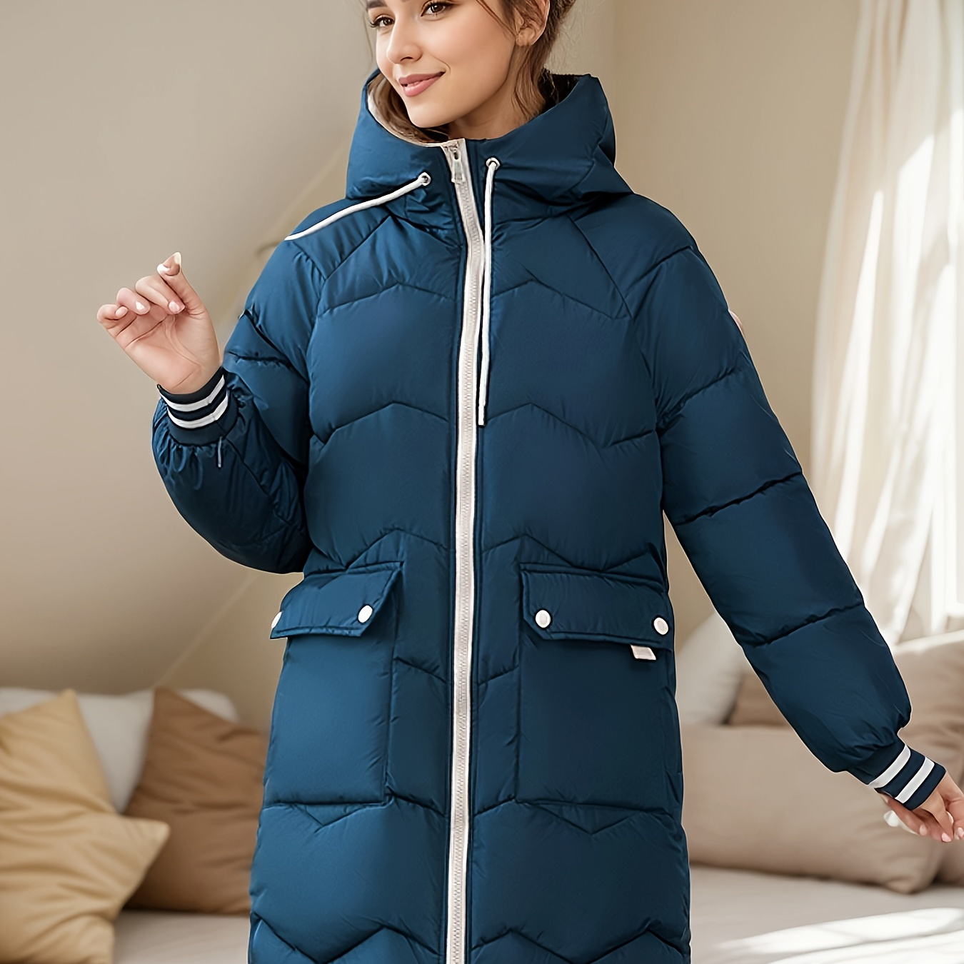 

Manteau mi-long épais à cordon de serrage, manteau chaud à capuche polyvalent à manches longues pour l'hiver, vêtements pour femmes