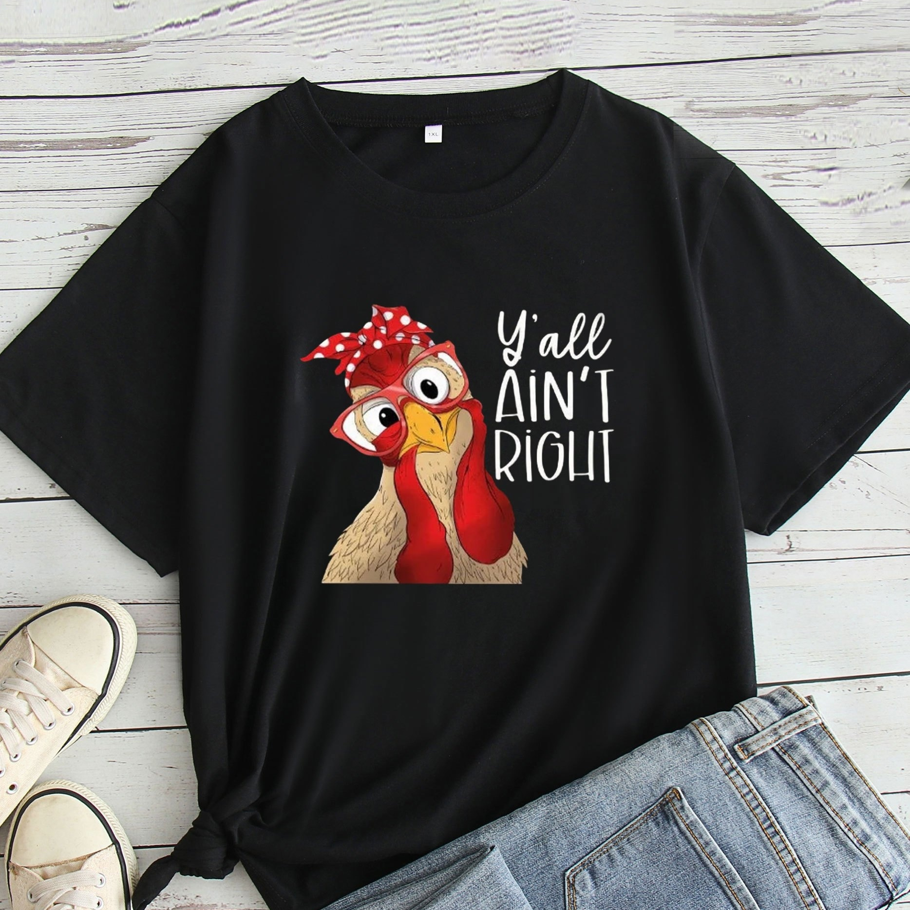 

Plus Size Chicken Print T-shirt, Casual Short Sleeve Crew Neck Top For Spring & Summer, Women's Plus Size Clothing