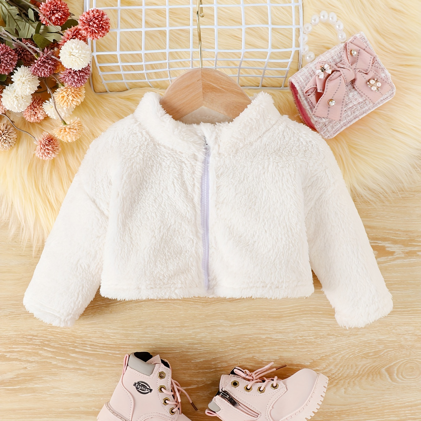 

Winter Windproof Plush Jacket, Stylish Stand Collar Baby Girls Autumn Winter Warm Coat, Cozy Cute Zipper Top