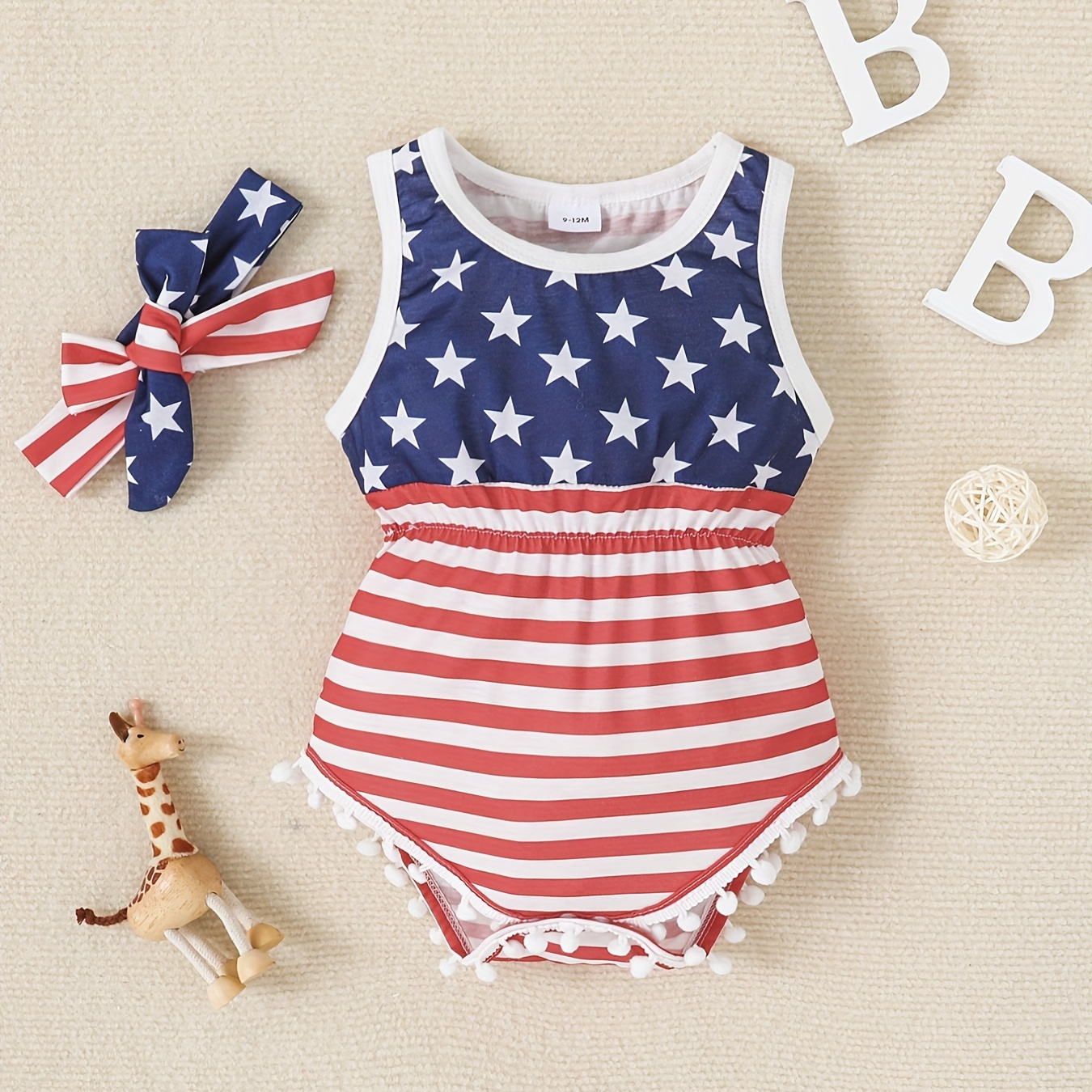 

2pcs Baby Girls Casual Independence Day Striped Star Graphic Print Sleeveless Onesie & Headband Set Clothes