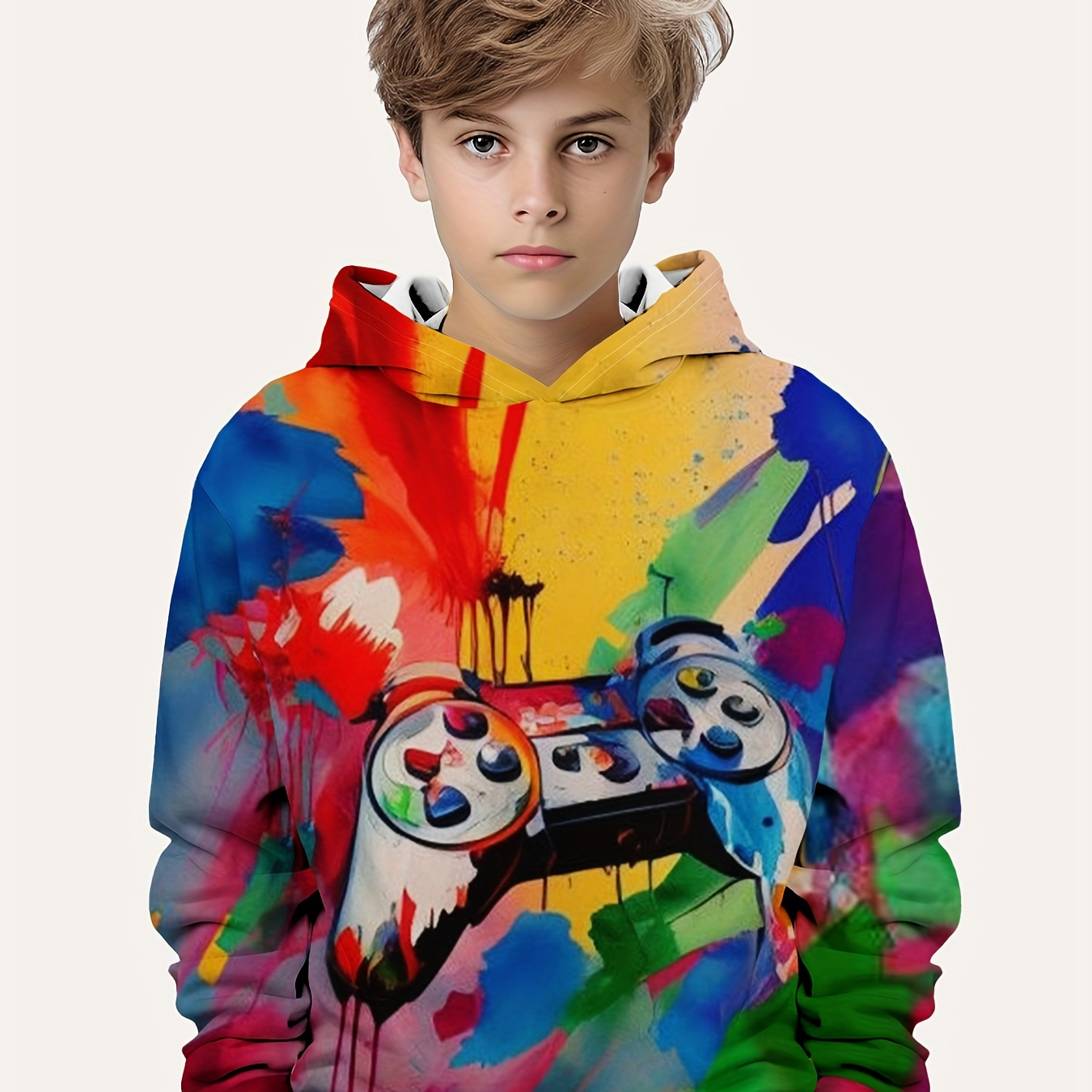 

Fashion Colorful Gamepad 3d Print Boys Casual Pullover Long Sleeve Hoodies, Boys Sweatshirt For Spring Fall, Kids Hoodie Tops Outdoor