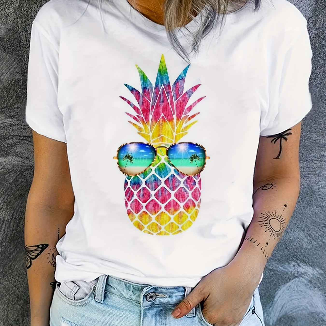 

Pineapple Print Crew Neck T-shirt, Casual Short Sleeve Top For Spring & Summer, Women's Clothing