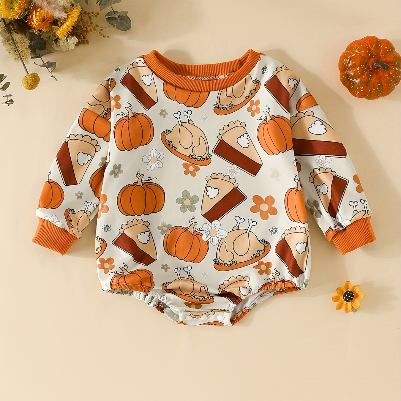 Baby Jumpsuit Cute Pumpkin Turkey Print Romper For 0-2 Years Old Kids, Baby Pullover Triangle Jumpsuit Spring Autumn Clothes Thanksgiving Day Halloween Onesie