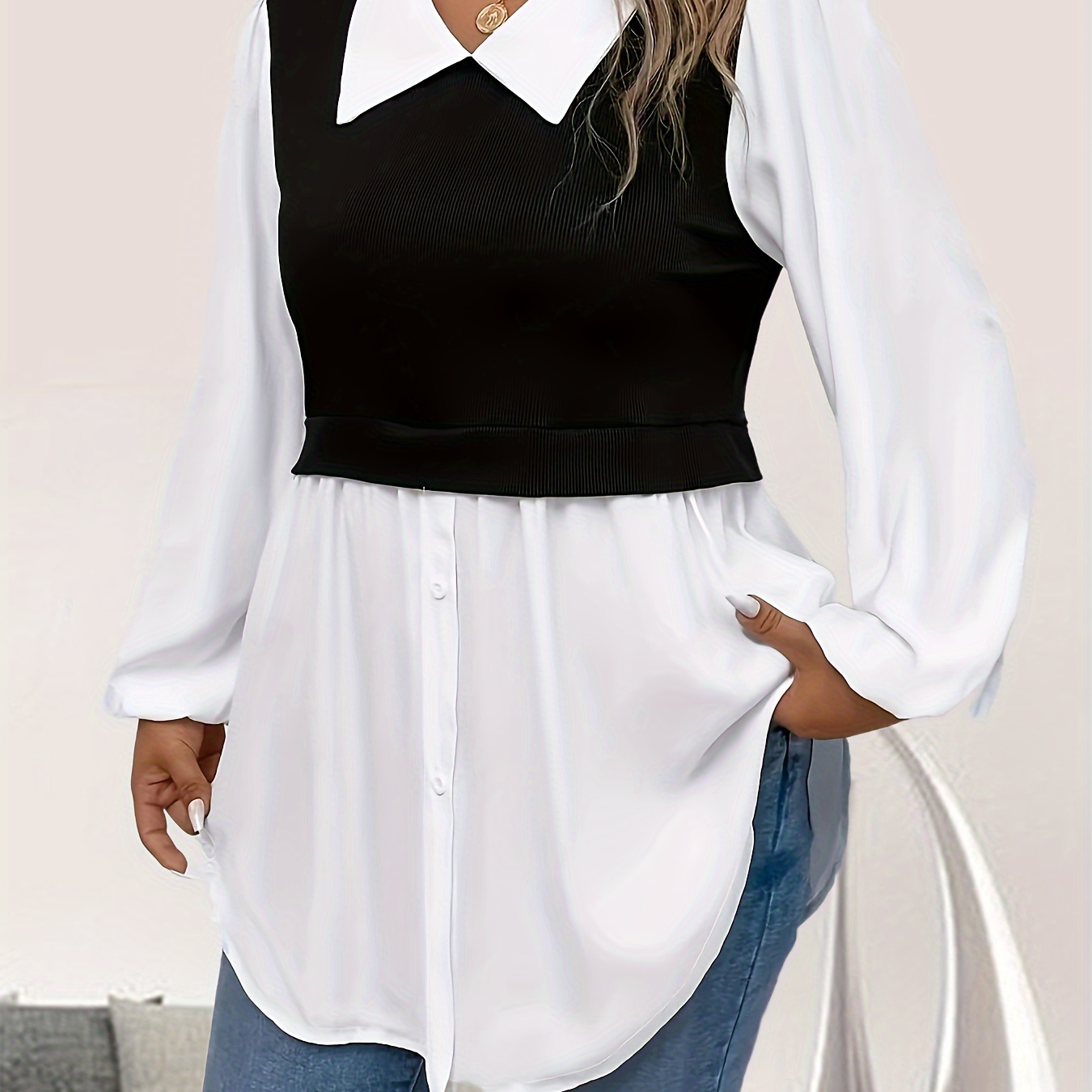 

Plus Size Colorblock Collar Blouse Casual Long Sleeve Blouse For Spring & Fall Women's Plus Size Clothing