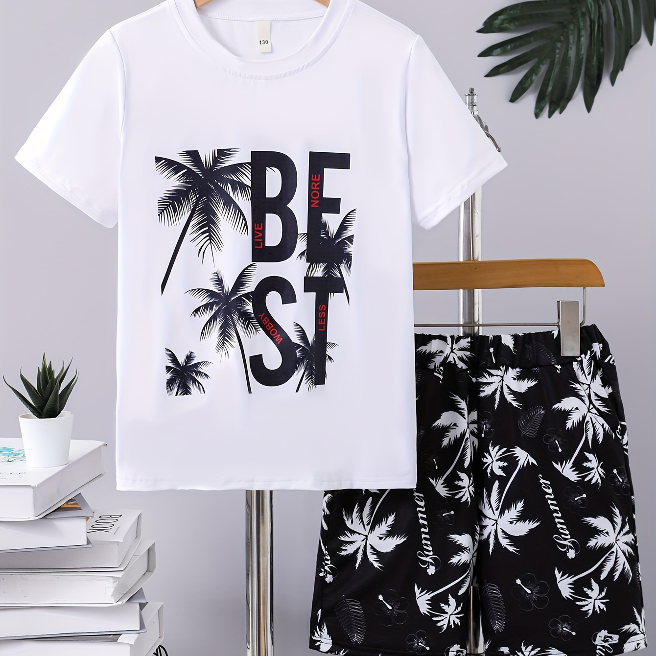 

2pcs Boys Casual Beach Coconut Tree Best Letter Graphic Print Short Sleeve T-shirt & Shorts Set, Comfy Summer Boys Clothes