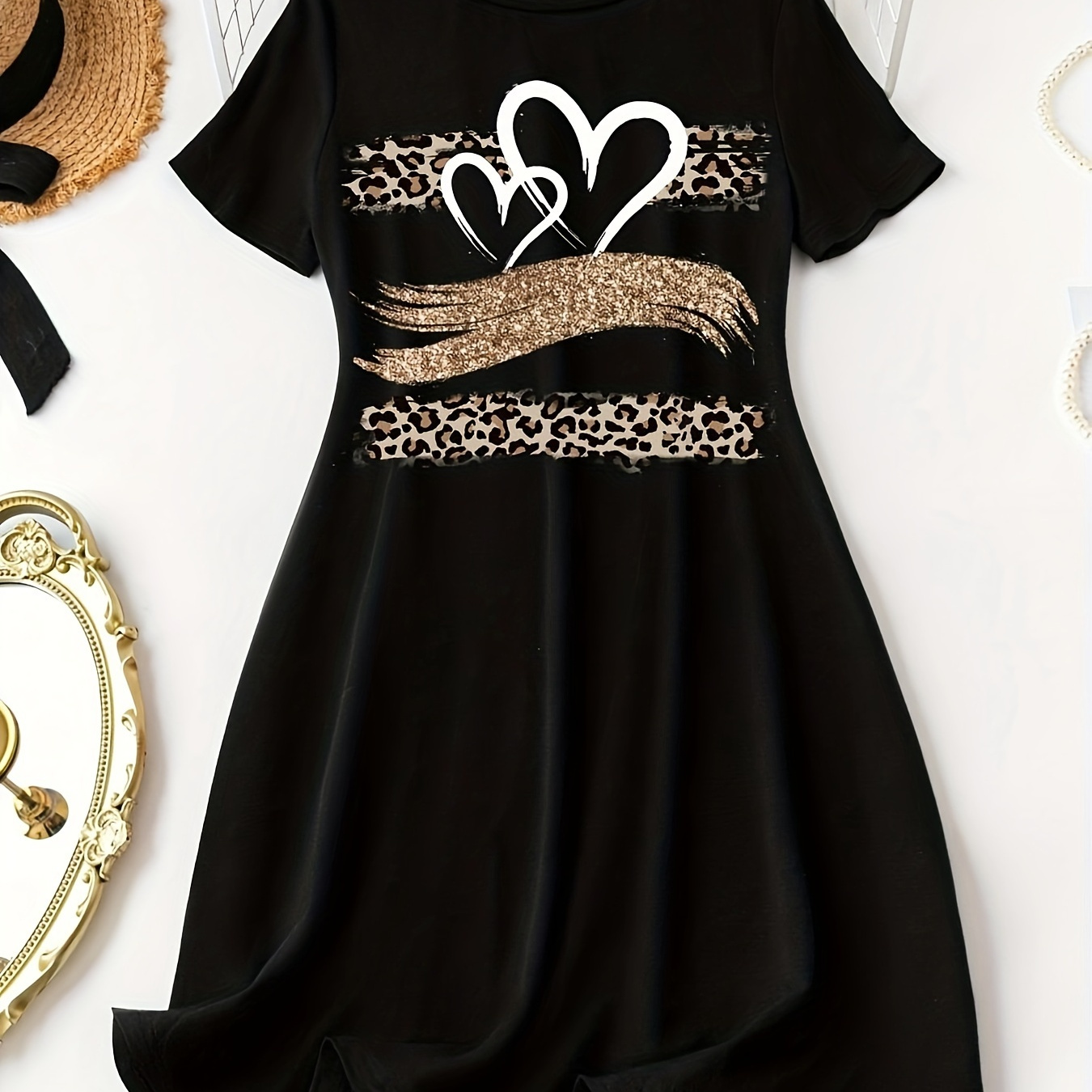 

Leopard & Heart Print Crew Neck Dress, Casual Short Sleeve A-line Dress For Spring & Summer, Women's Clothing