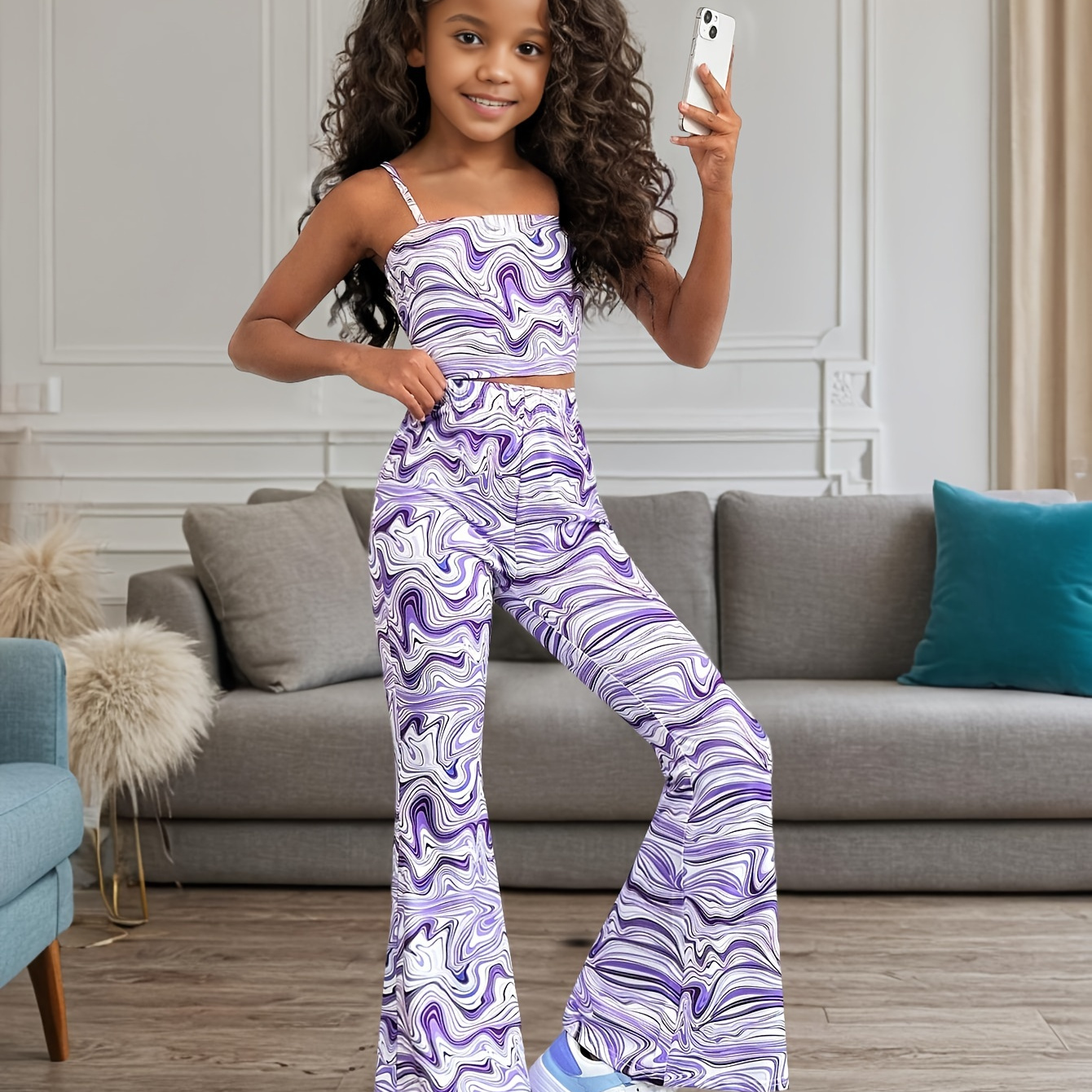 

Clouds Print Girls Co-ords Set, Cami Top + Flared Trousers - Spring/summer Clothes, Casual Outing, Party, Gift