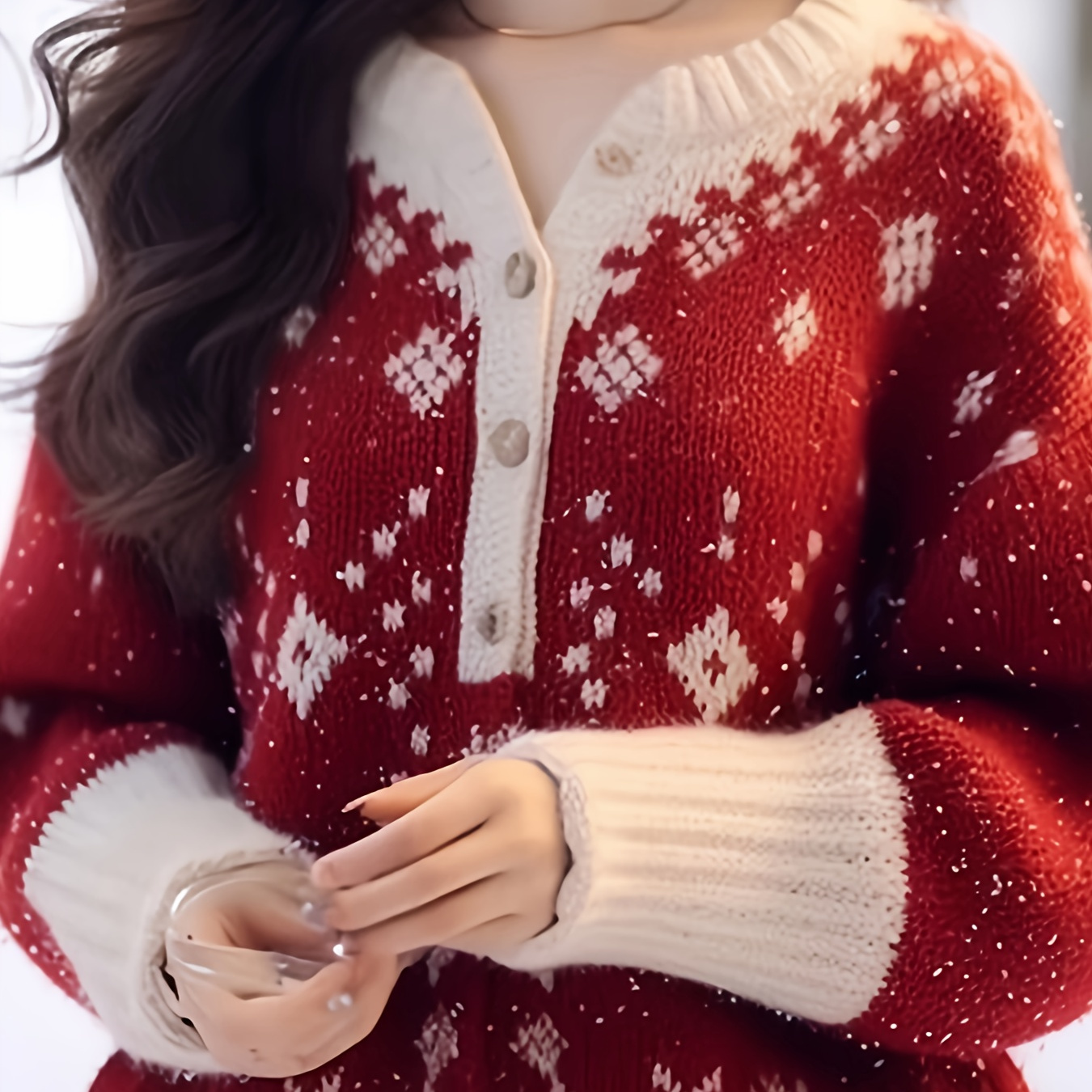 

Christmas Pattern Cardigan - Soft Acrylic V-neck Sweater With Button Front, Long Sleeves For Winter - Fashionable Commuter Style, Hand Or Only, Christmas Sweater