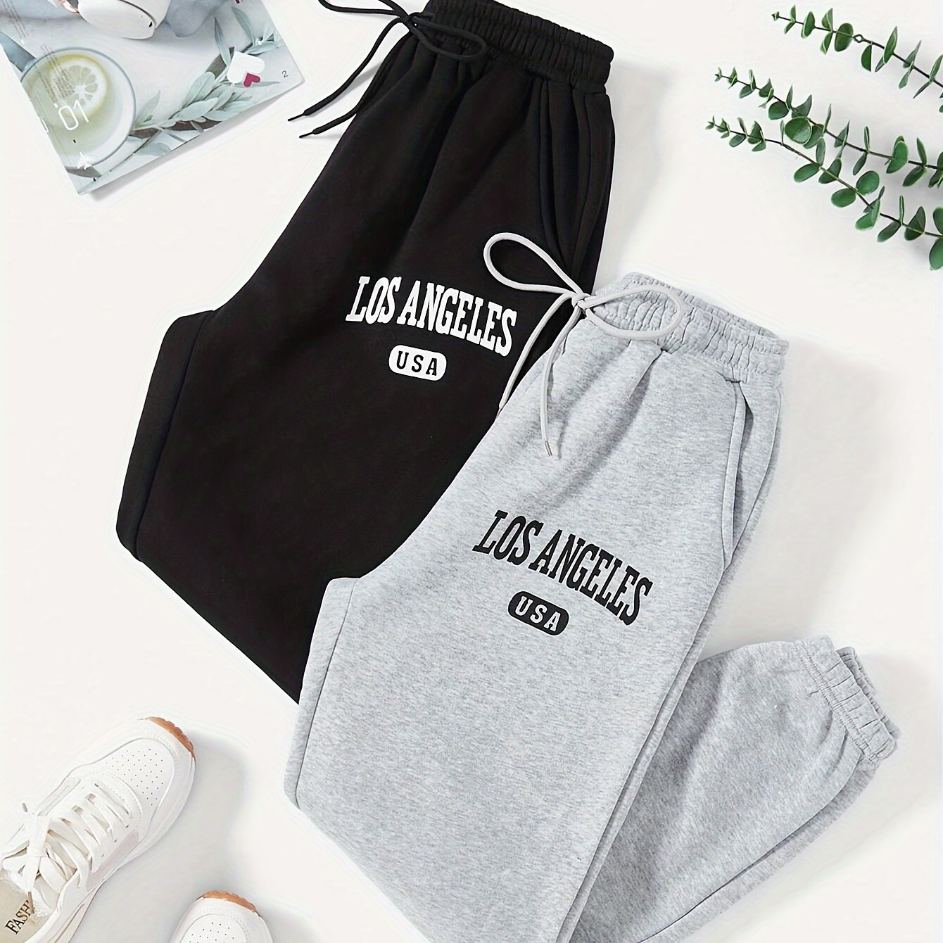 

2- Los Usa -lined Sweatpants For Women, Streetwear , Waist Drawstring, Athletic Pants Set, For Fall&