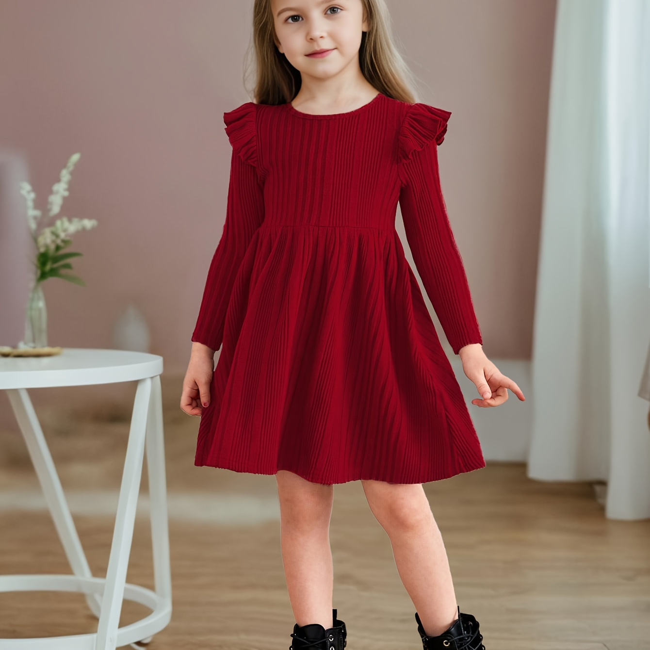 

Elegant Long-sleeve Dress For Girls, Spring & Fall Solid Color Comfy Casual Dresses, As Gift