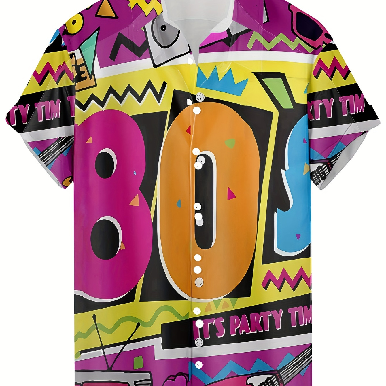 

Retro 80's Vibes Men's Short Sleeve Hawaiian Shirt - Vibrant Neon & Party Graphics, Casual Hip-hop Streetwear, Polyester & Spandex , Button-up With Chest Pocket