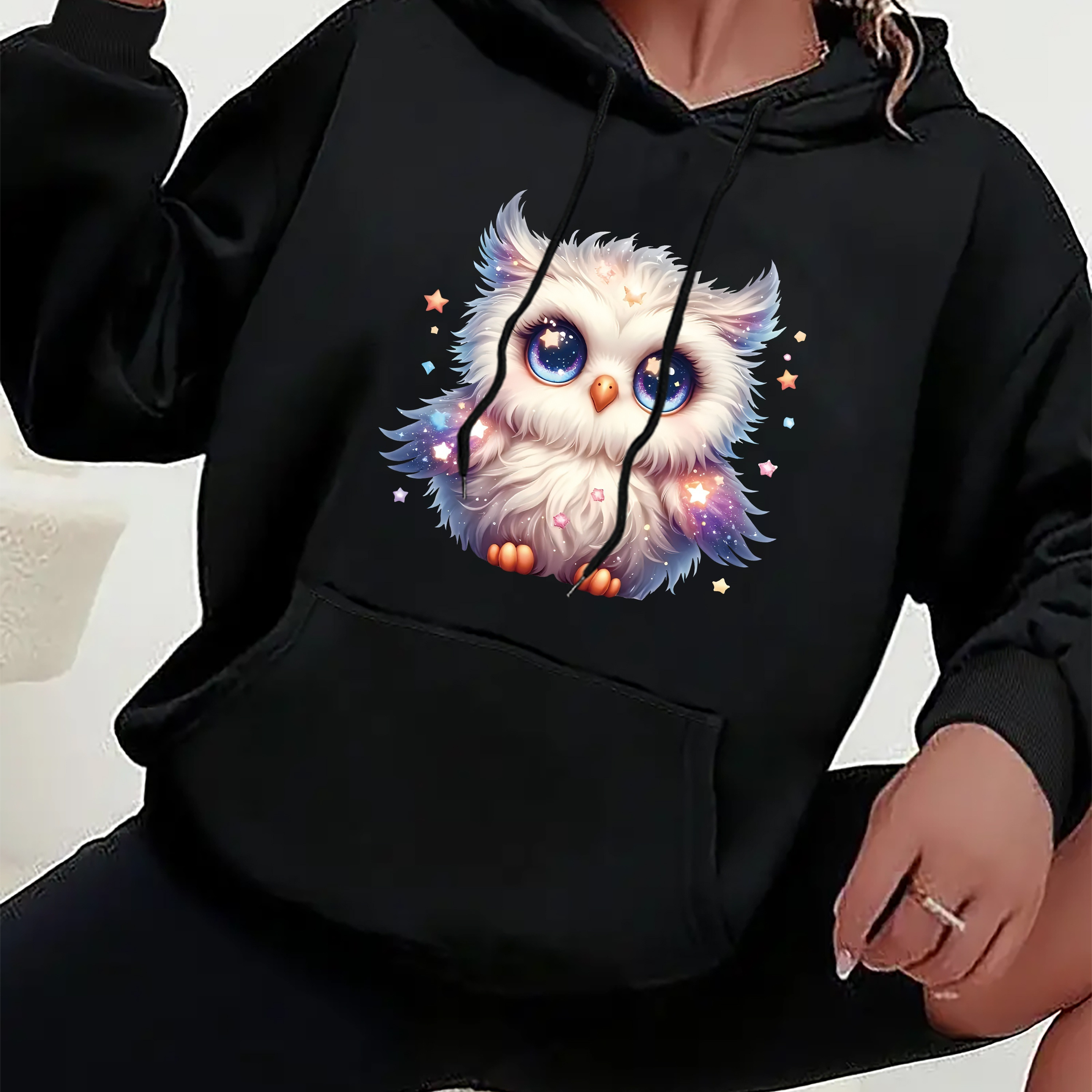 

1pc Owl Hooded Drawstring Sweatshirt - , Long , , Pattern, Knitted, , Washable, / ' Pullover