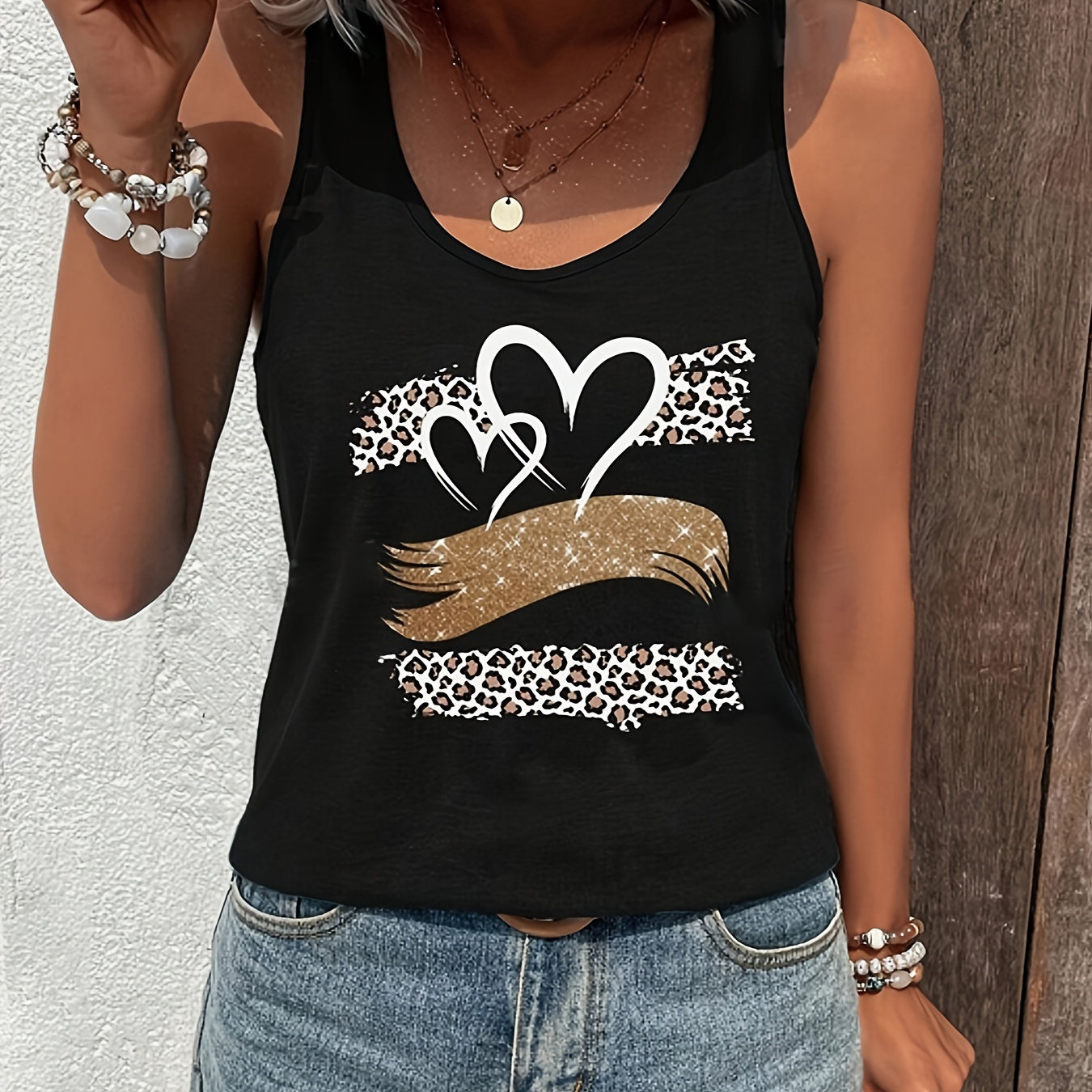 

Hearts Print Crew Neck Tank Top, Elegant Sleeveless Tank Top For Summer, Women's Clothing