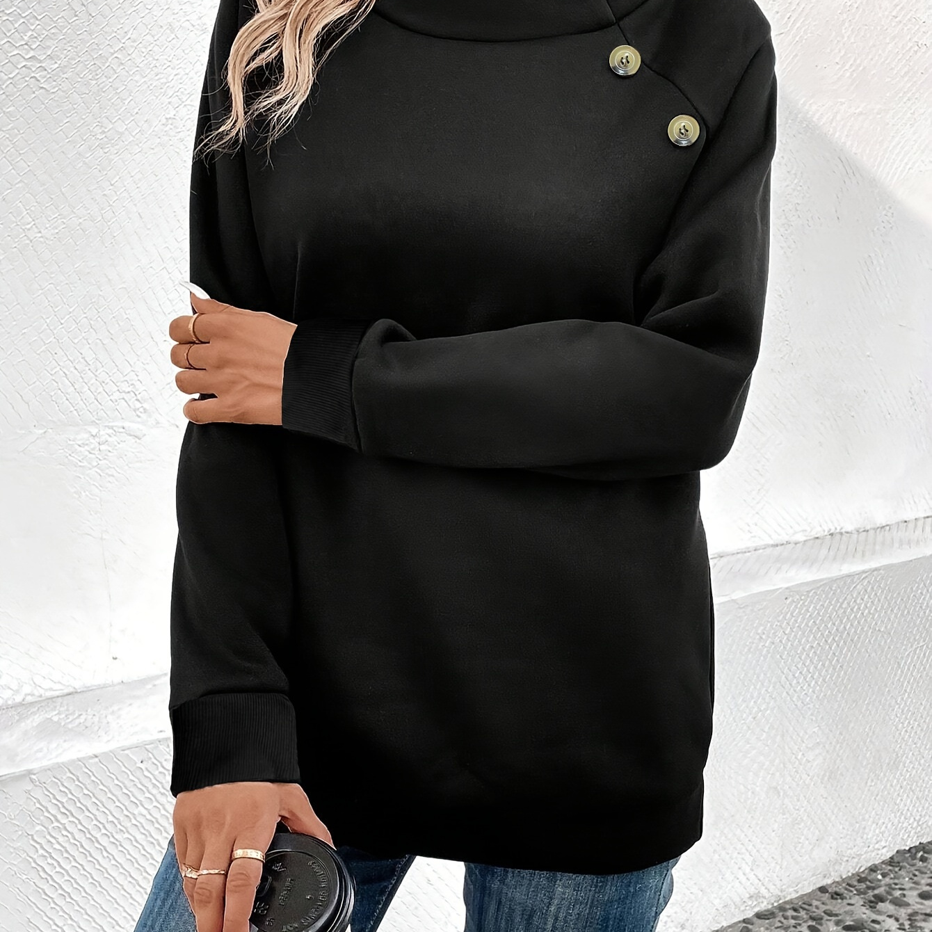 

Elegant Mock Neck Sweatshirt With Button Detail - Casual Long Sleeve, Stretchy Polyester , Machine Washable - Women's Fall/