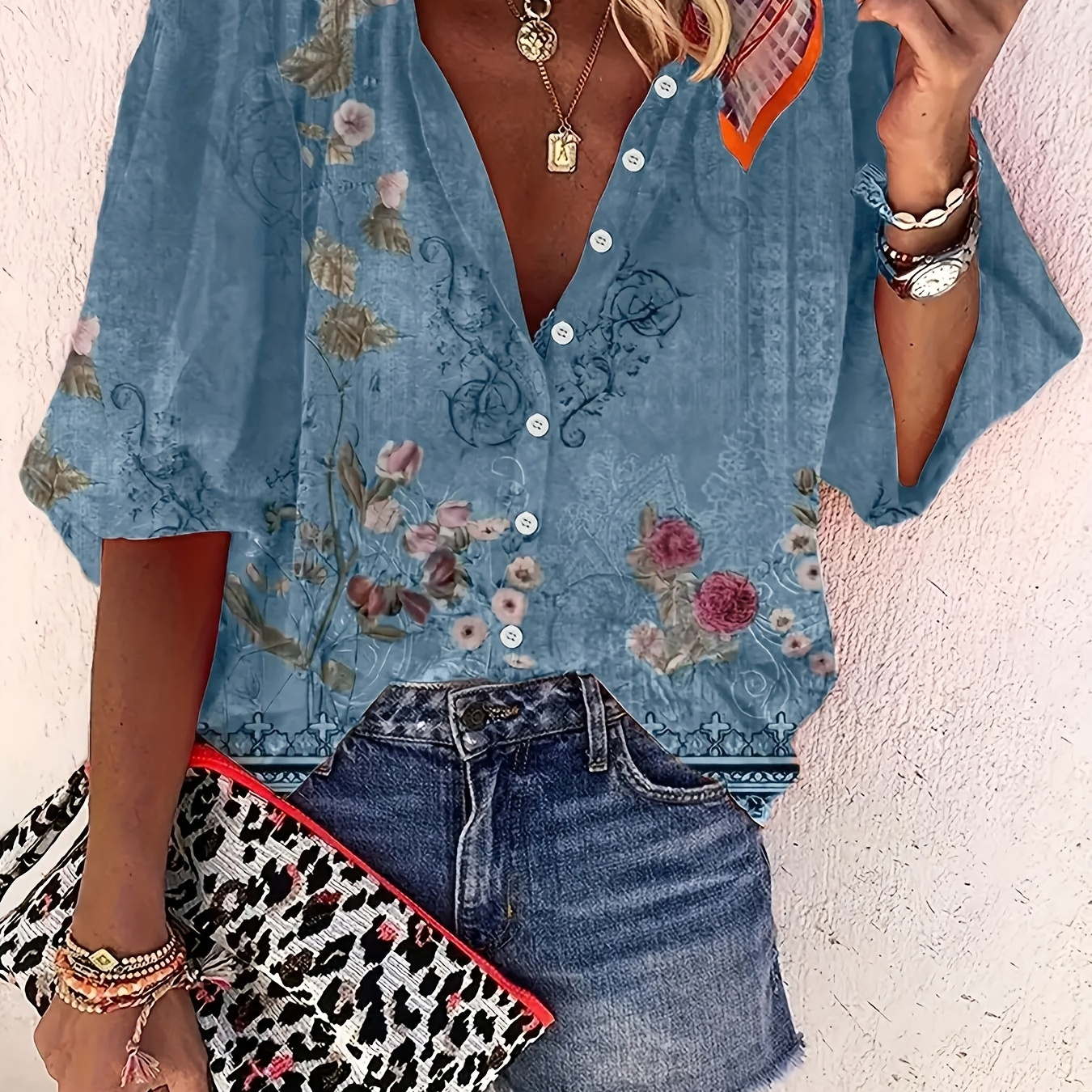 

Floral Print 3/4 Sleeve Blouse, Vacation Style Button Front Curved Blouse For Spring & Summer, Women's Clothing