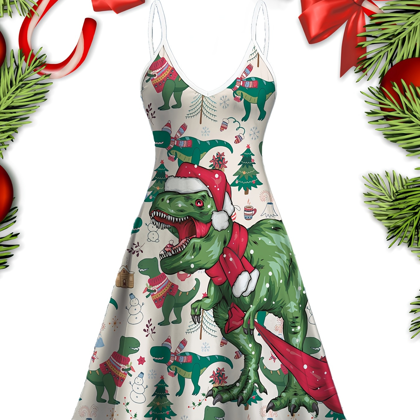 

1pc Elegant Christmas Themed Polyester V-neck Sleeveless A-line Dress With Dinosaur, Snowman, And Patterns - Knit Fabric Slip Dress For Adults, All