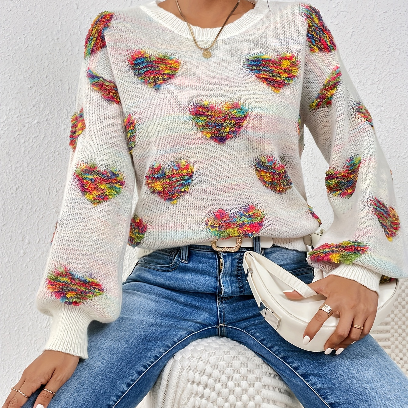 

Valentine's Day Colorful Heart Pattern Sweater, Casual Crew Neck Long Sleeve Pullover Sweater, Women's Clothing