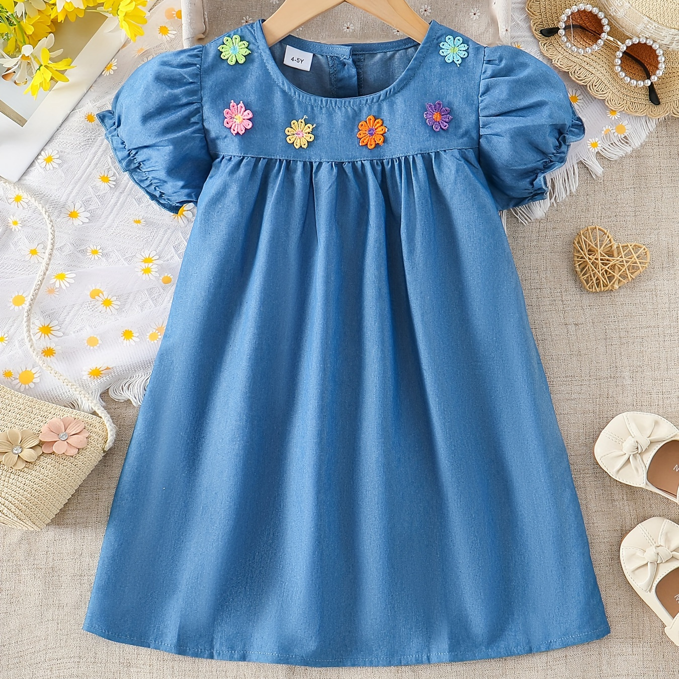 

Girls Sweet Flower Embroidered Puff Sleeve Denim Princess Dress