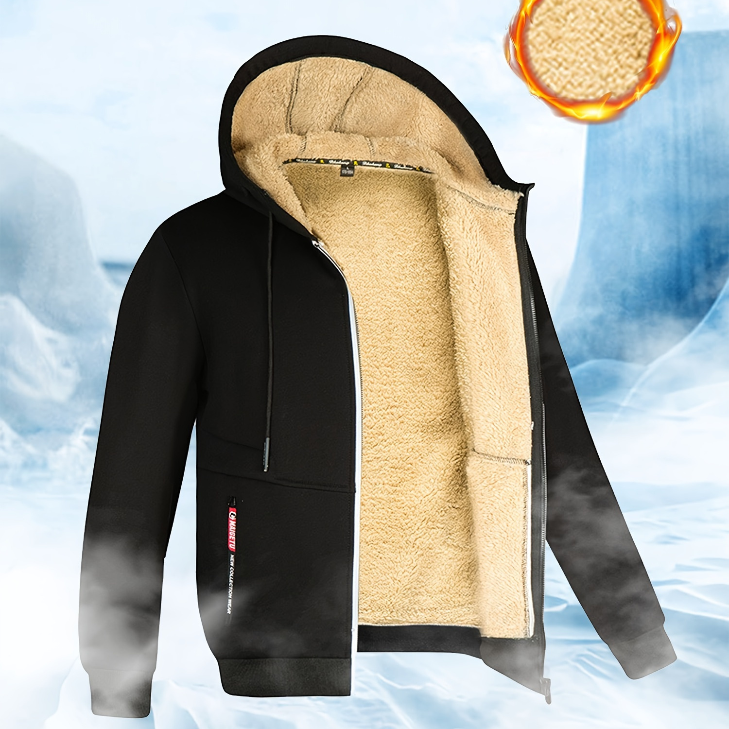 

Men's Winter Sherpa Hooded Jacket Thick Warm Zip Up Hooded Jacket For Autumn Winter